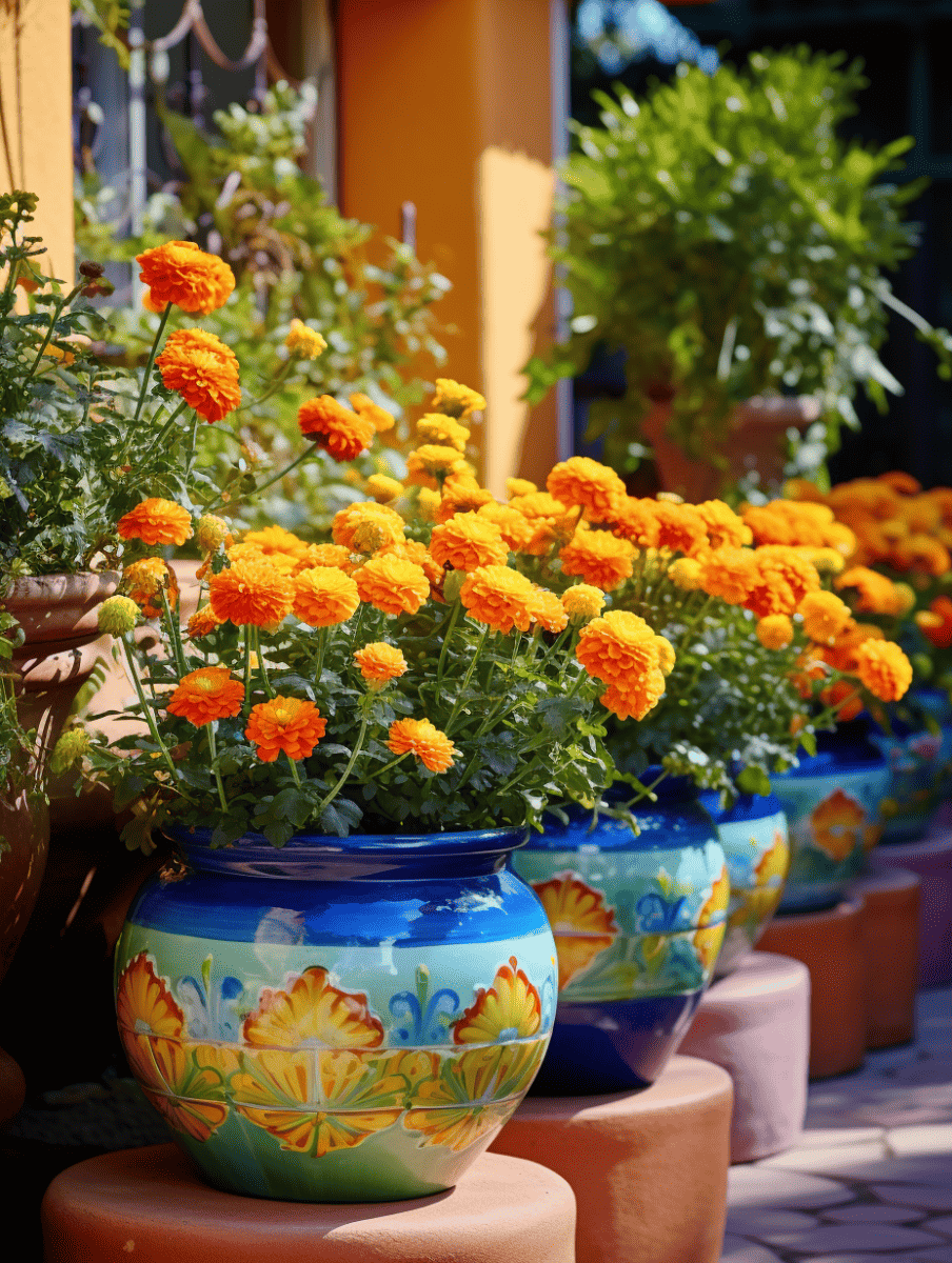 A row of vibrant orange marigolds flourishing in ornately painted blue pots, set against a sunny backdrop of warm-hued buildings and greenery ar 3:4