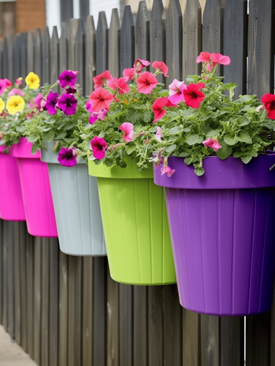 A row of vibrant petunias in shades of pink, purple, and yellow, overflowing from a colorful array of green, purple, and pink hanging pots, affixed to a dark wooden picket fence ar 3:4