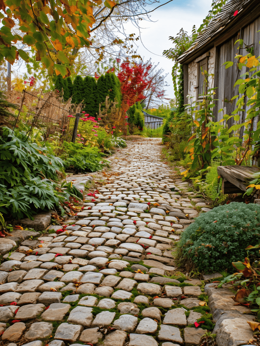 A rustic cobblestone path leads through a vibrant autumn garden, with leaves in shades of red, yellow, and green above and scattered on the ground, edged by lush plants and a weathered wooden structure, capturing the essence of a fall landscape ar 3:4