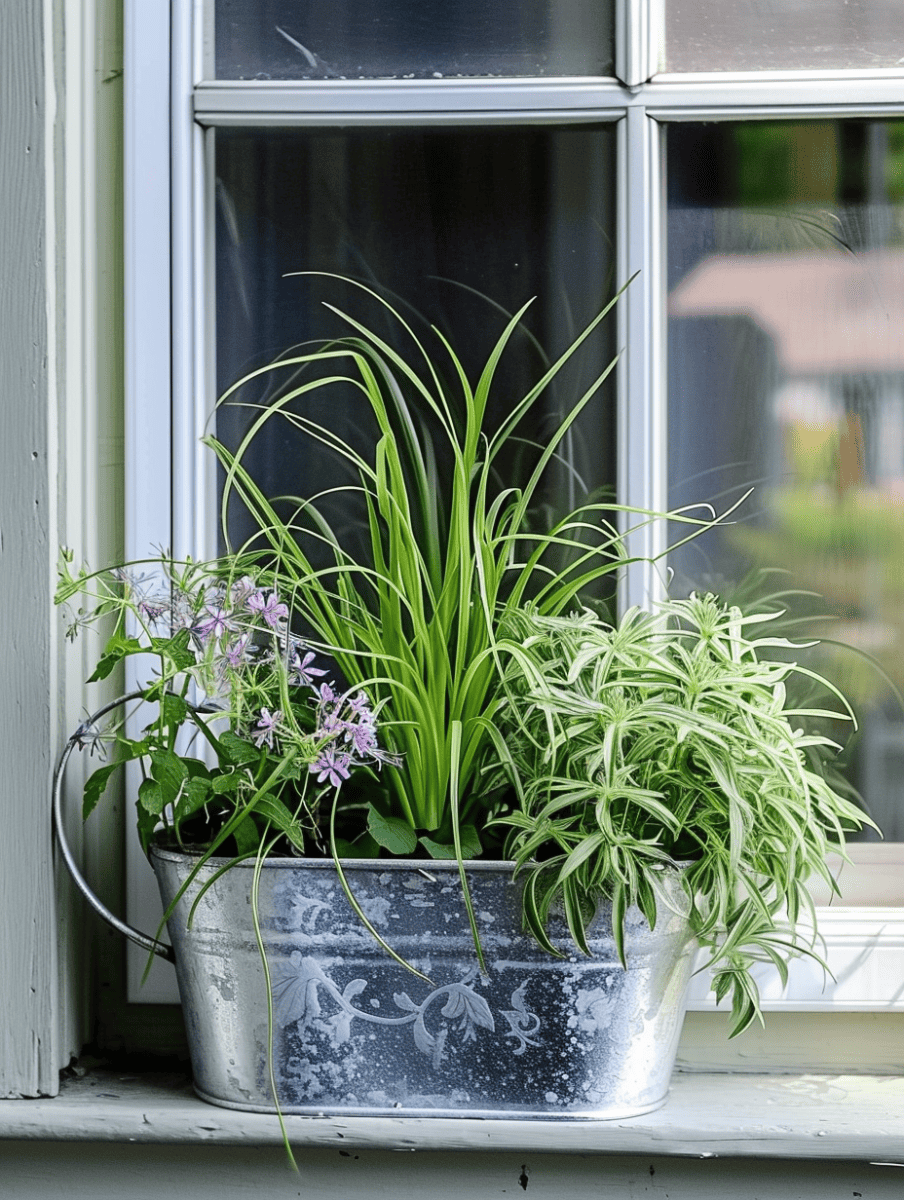 A rustic, galvanized metal planter with delicate floral patterns sits on a windowsill, filled with a lush arrangement of greenery including spiky grass, trailing spider plants, and blooming purple flowers, offering a quaint charm against the backdrop of the window's reflection ar 3:4