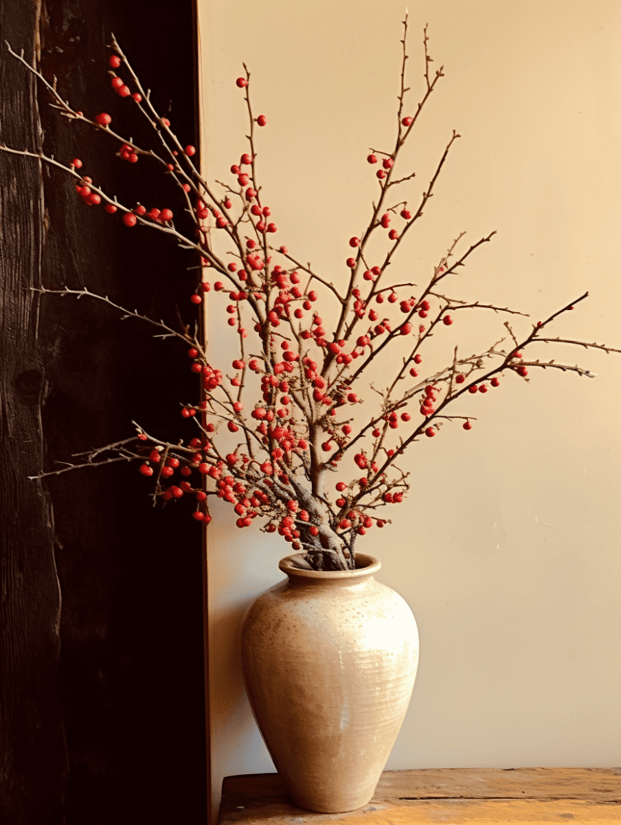 A rustic, two-toned earthenware vase, broad at the base and narrowing at the neck, stands on a polished wooden floor beside a cream wall, brimming with delicate branches of tiny winter berries that reach upwards and outwards