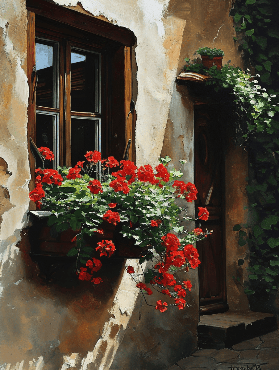 A rustic window setting with a weathered wooden frame and a window box full of vibrant red geraniums, complemented by white blossoms in a pot atop the adjacent door's threshold, all set against a textured, plastered wall ar 3:4