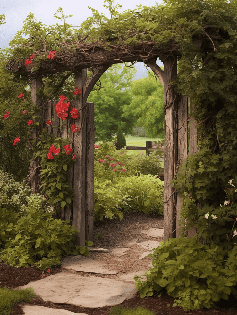 A farmhouse-inspired wooden garden arch, intertwined with verdant vines and bright red flowers, beckons down a stone-laid path through lush greenery, inviting a stroll into the tranquil expanse beyond ar 3:4