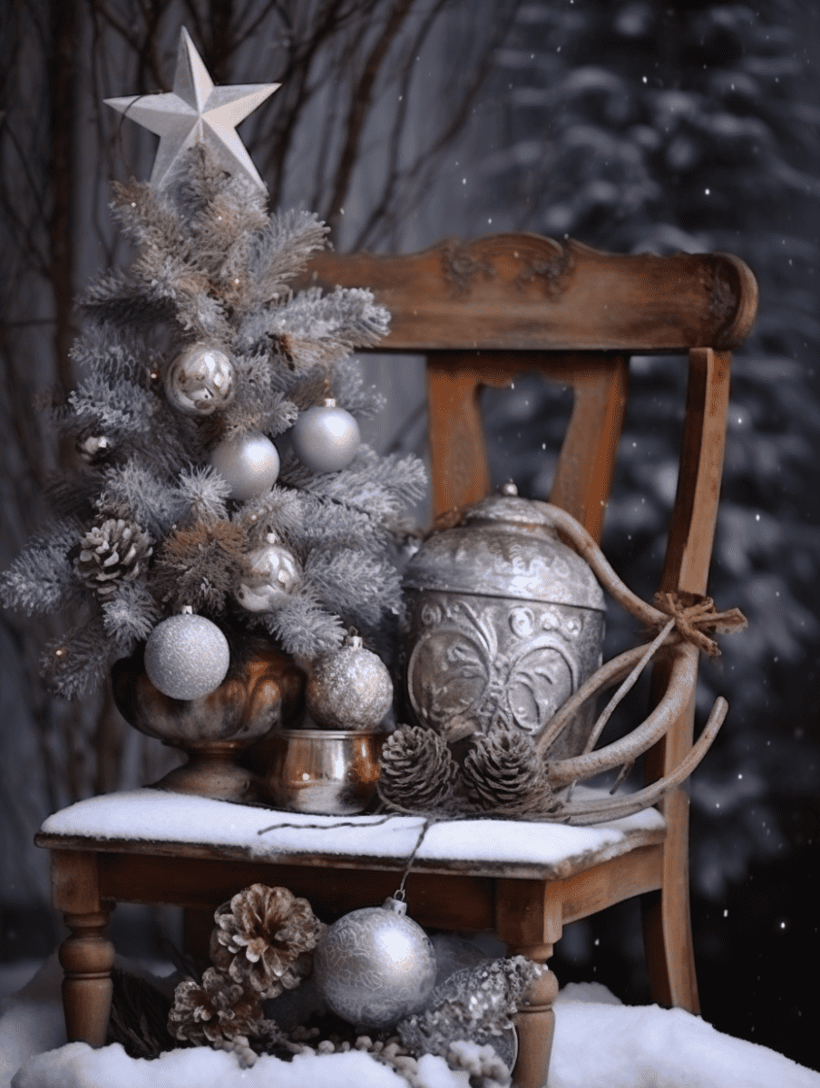 A frosted evergreen mini spruce tree, adorned with silver ornaments, sitting on a wooden chair covered with snow, accompanied by a silver pitcher and bowl, pine cones, and a rustic lantern, against a backdrop of falling snow and a dimly lit, bare tree background