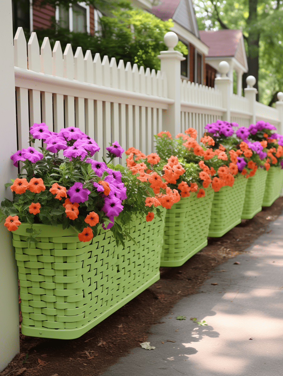 A sequence of lime green woven baskets hanging on a white picket fence, overflowing with lush petunias in vivid shades of purple and orange, against the backdrop of a tranquil suburban sidewalk ar 3:4