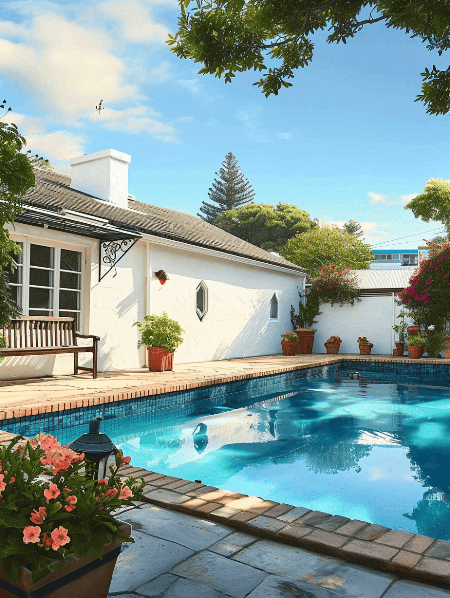 A serene backyard featuring a sparkling rectangular pool bordered by concrete pavers, with terracotta pots of blooming plants on the perimeter, adjacent to a white stucco house with French windows, under a clear blue sky ar 3:4