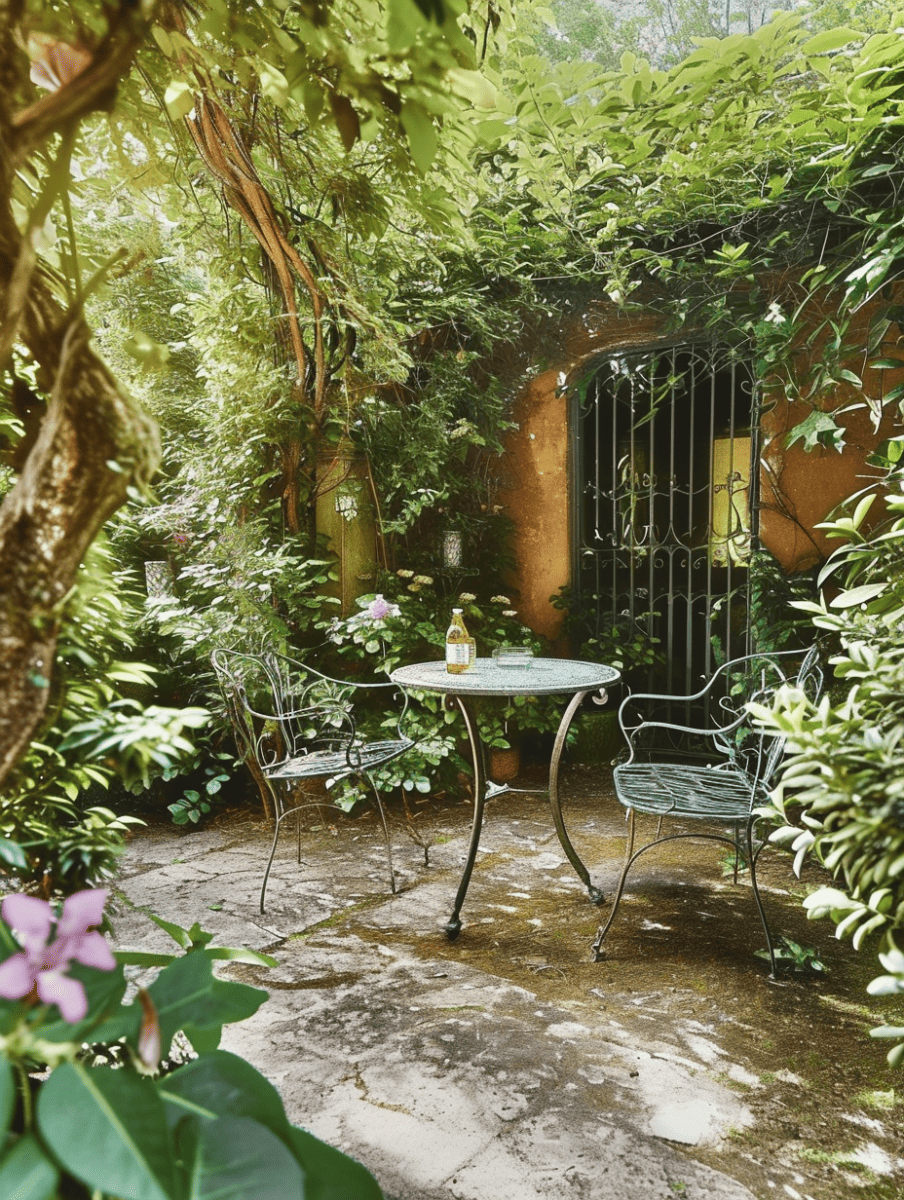A serene concrete-paved backyard oasis is framed by lush greenery and hanging vines, featuring a quaint wrought-iron table and chairs set, with a bottle on the table suggesting a tranquil retreat, evocative of "Rugs to Riches" ambiance ar 3:4