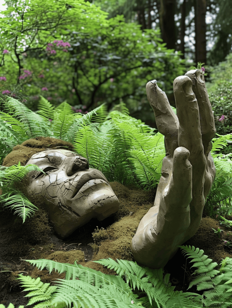 A serene forest setting where a stone sculpture resembling a hand and a face, both covered in patches of moss, emerge from a bed of vibrant green ferns, adding a touch of artistic ornamentation to the natural landscape ar 3:4