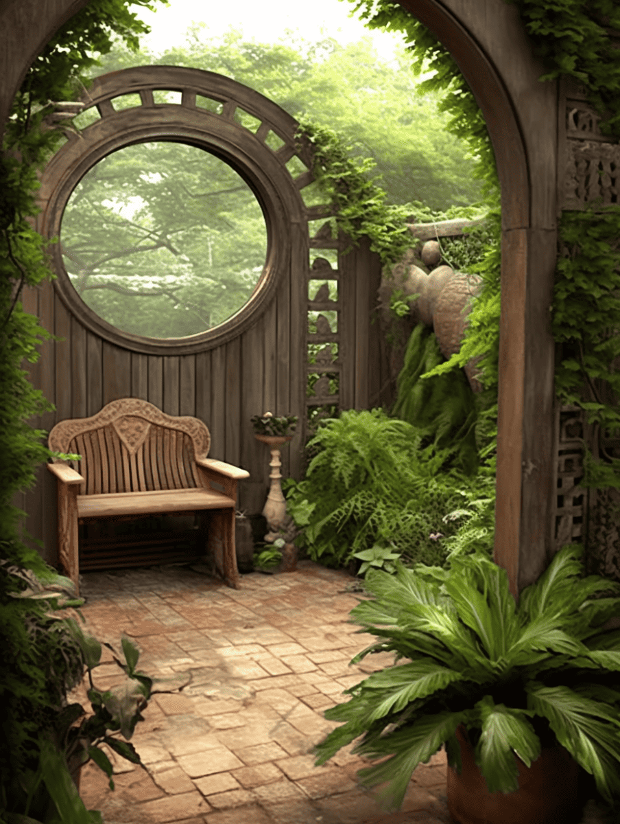 A rustic garden nook features a circular window within a wooden trellis wall, an inviting wooden bench, and an array of lush green plants and ferns, creating a tranquil and secluded retreat ar 3:4