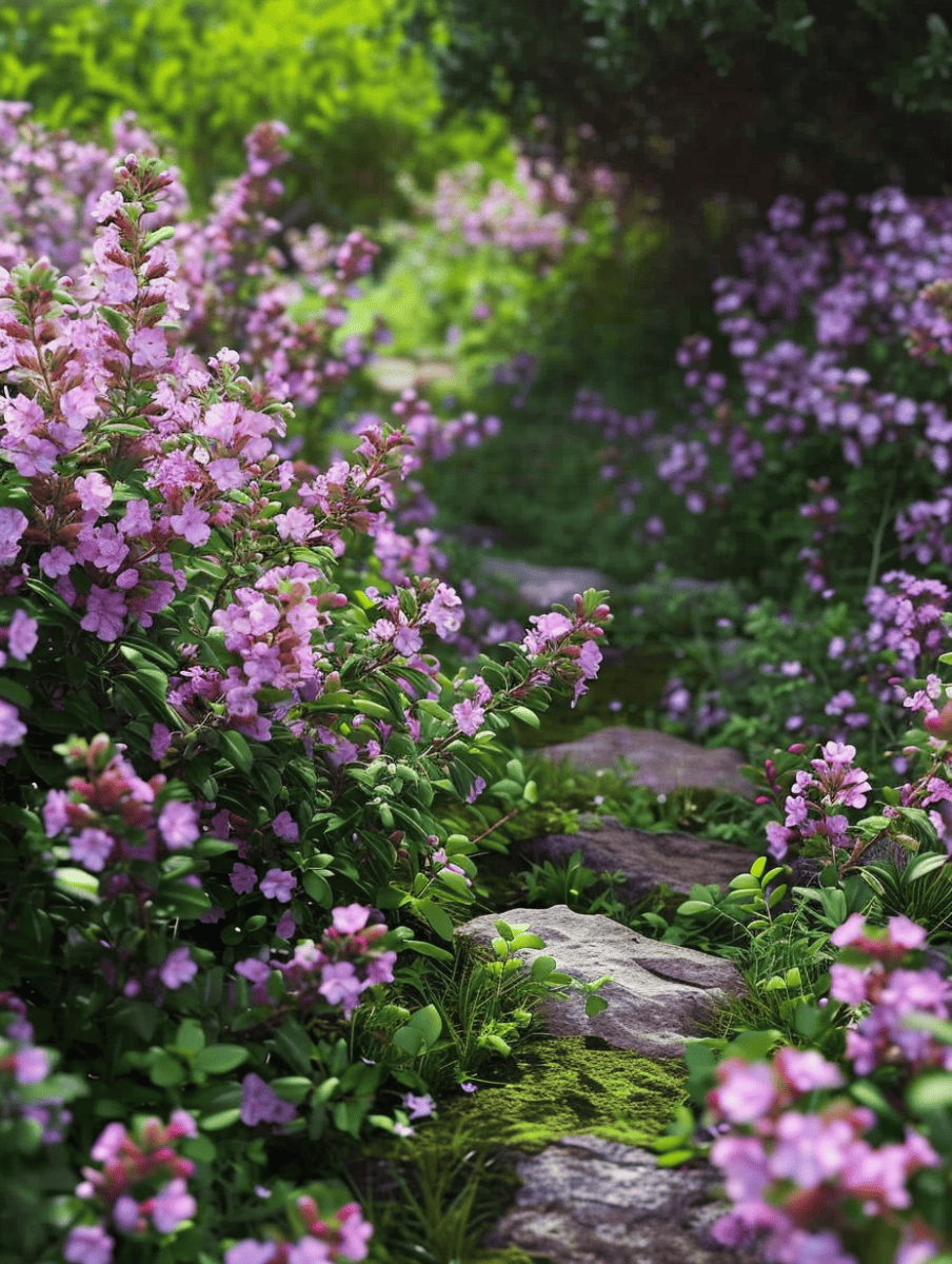 A serene garden path is flanked by lush, pink-flowered creeping thyme, with moss-covered stones gently embedded among the vibrant greenery ar 3:4
