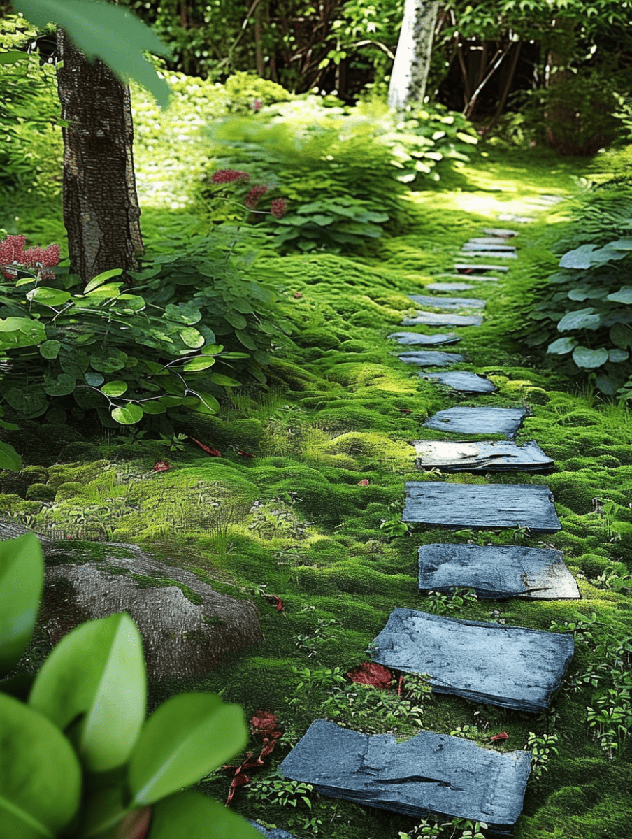 A serene mossy pathway, punctuated with irregularly shaped cobblestones, meanders through a lush garden, inviting a leisurely stroll amongst the verdant undergrowth and flowering plants ar 3:4