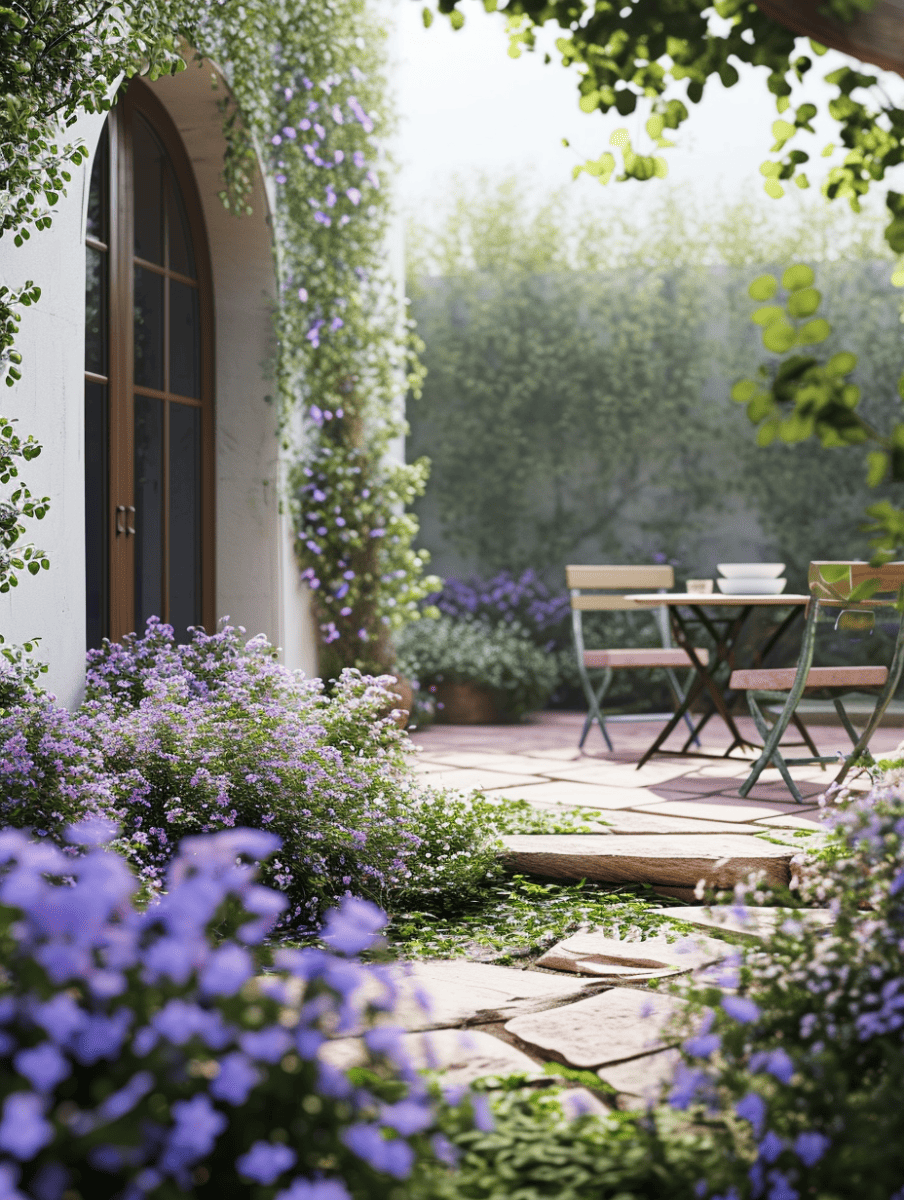 A serene patio corner with lush groundcover plants in shades of purple and green, climbing vines around an arched doorway, and a glimpse of a cozy outdoor seating area in the soft sunlight ar 3:4