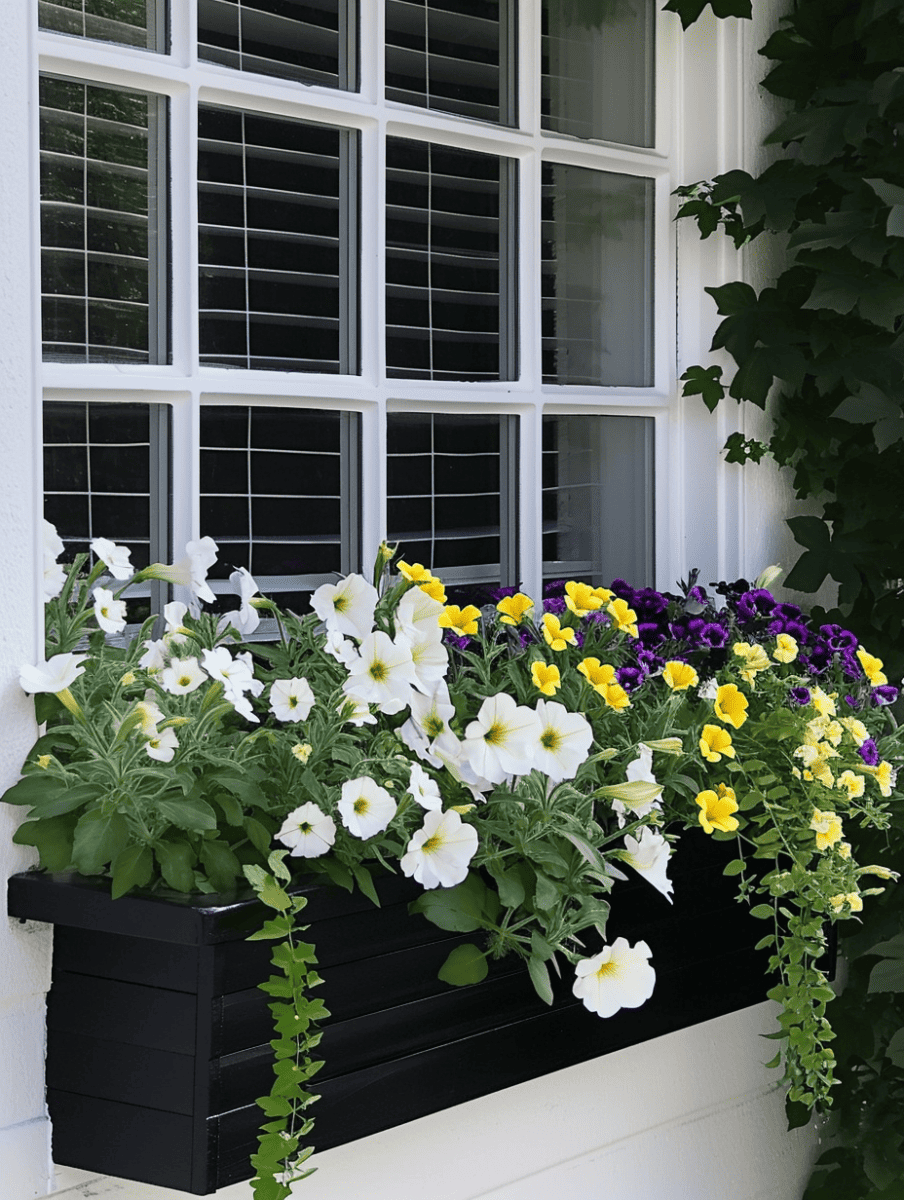 A sleek black window box against a white wall is densely filled with a vibrant selection of flowers, including white and yellow petunias and deep purple blooms, with trailing green vines gently spilling over the edge, framed by a window with grid-like panes ar 3:4