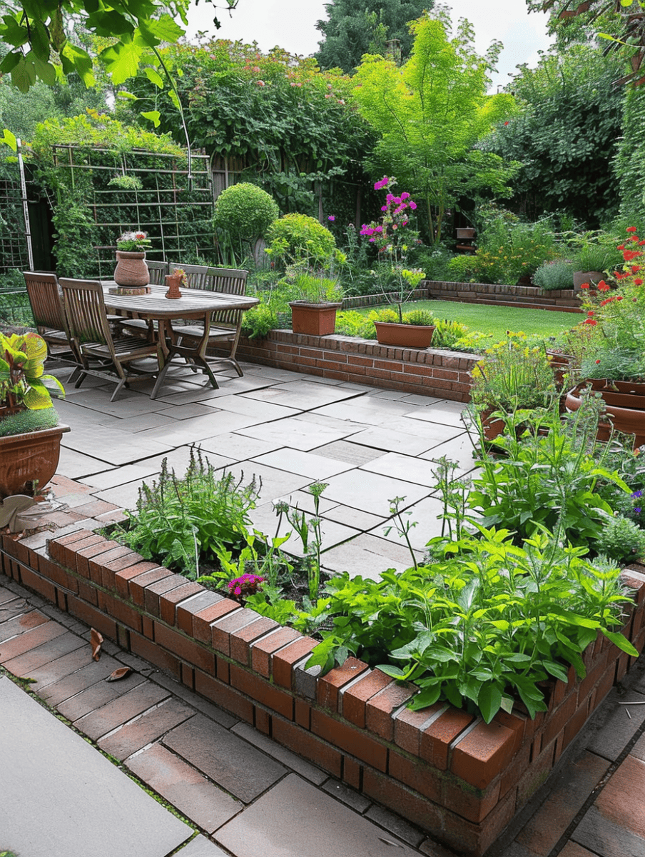 A spacious patio with a dining area set on large paving stones, edged by a raised brick flowerbed overflowing with greenery and blooms, leading to a lush garden with a trellis and vibrant plant life ar 3:4
