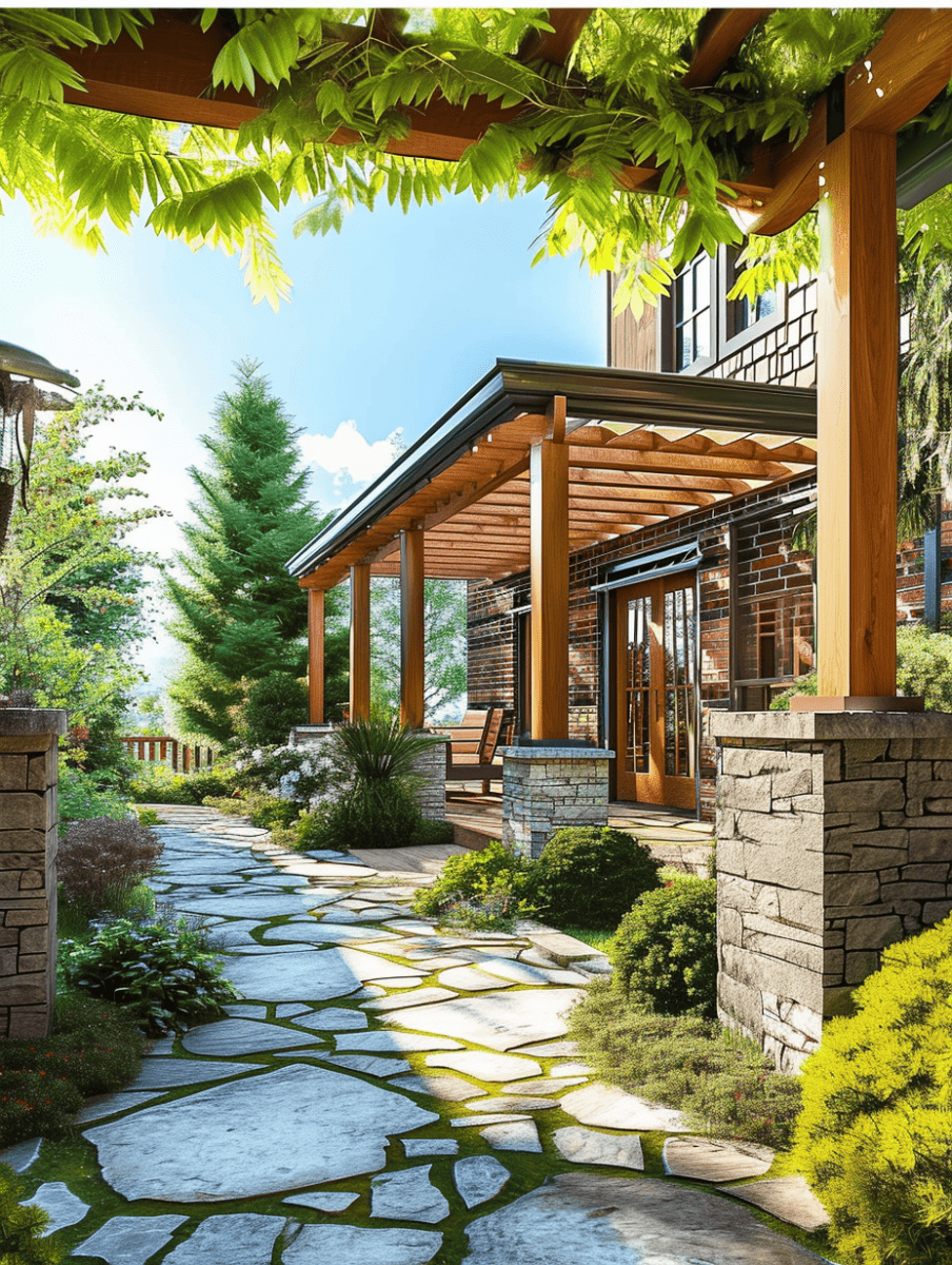 A stone pathway with cobblestones surrounded by thriving green moss leads to a house made of red bricks, featuring large windows and a welcoming wooden porch with a pergola adorned with climbing plants ar 3:4