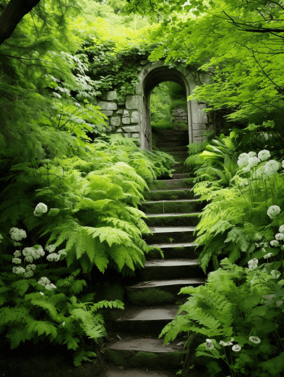 A stone stairway garden entrance flanked by lush ferns and white blooming flowers leads through an old stone archway, enveloped by the vibrant green canopy of a serene, enchanted forest ar 3:4