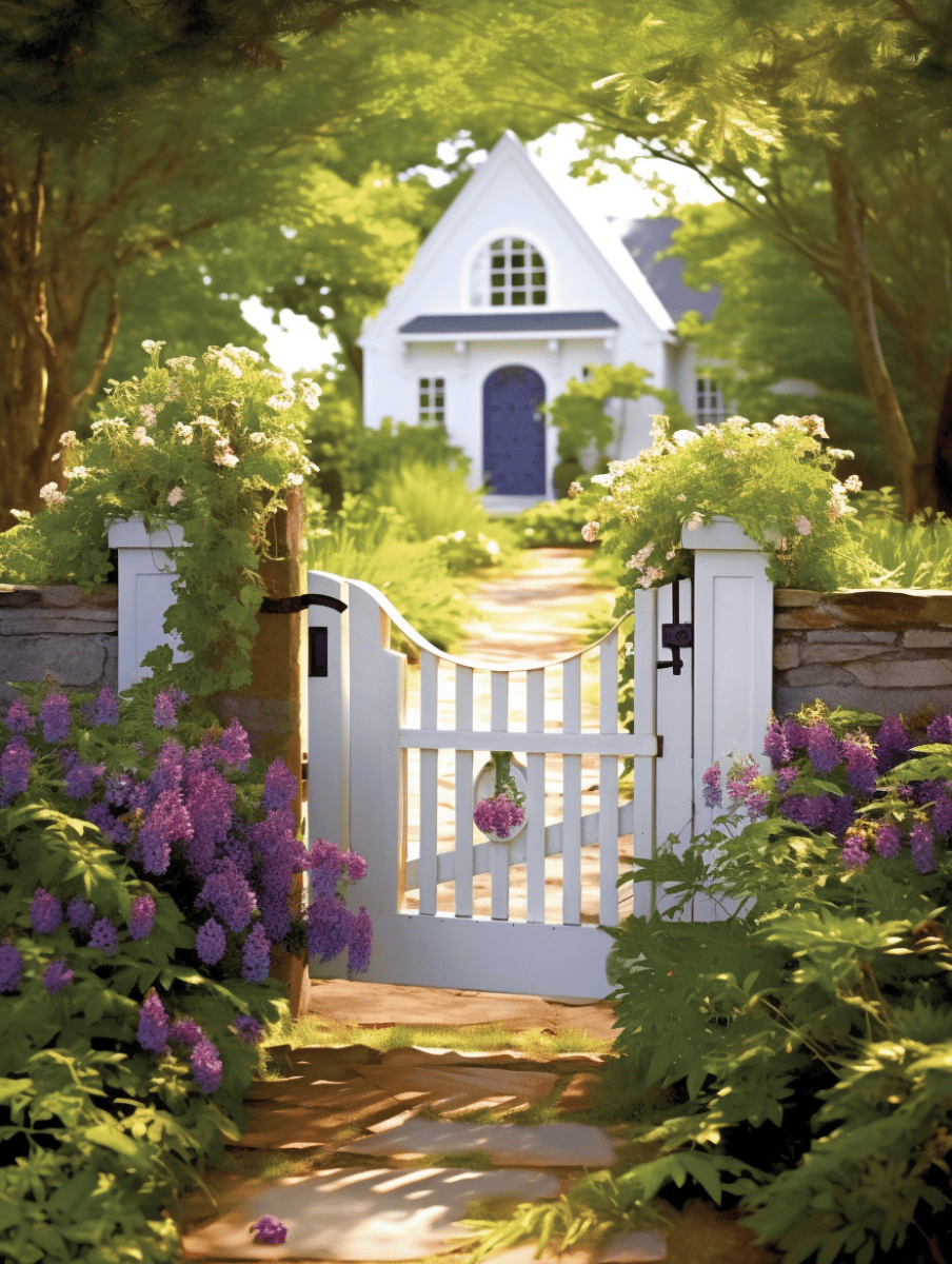 A sunlit garden pathway entrance leads to a white gate flanked by stone pillars and lush flowering shrubs, with a charming white house with a blue door and arched window nestled under the shade of mature trees in the background ar 3:4