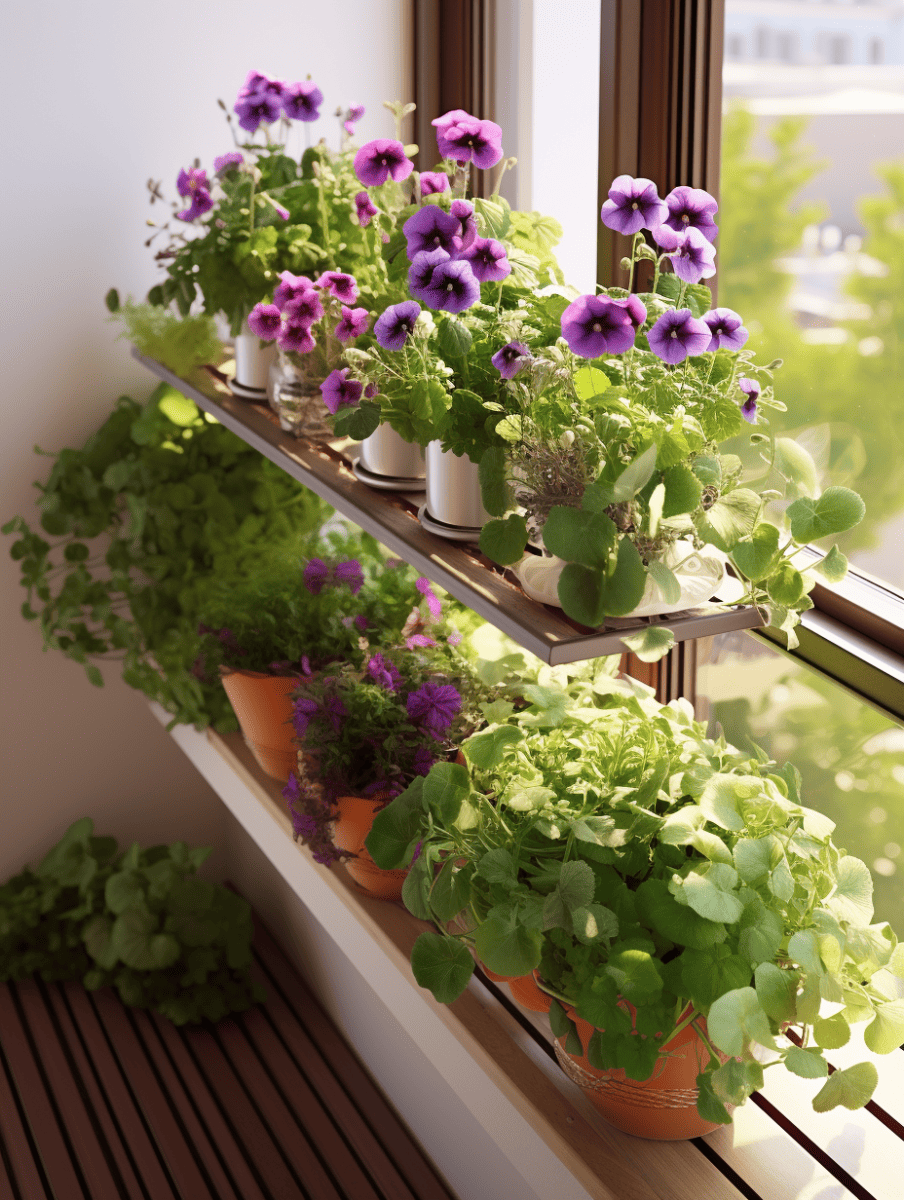 A sunlit indoor window garden featuring terracotta pots with lush greenery and vibrant purple pansies, arranged on a wooden shelf against a window, overlooking a blurred cityscape, creating a cozy and picturesque urban gardening space ar 3:4