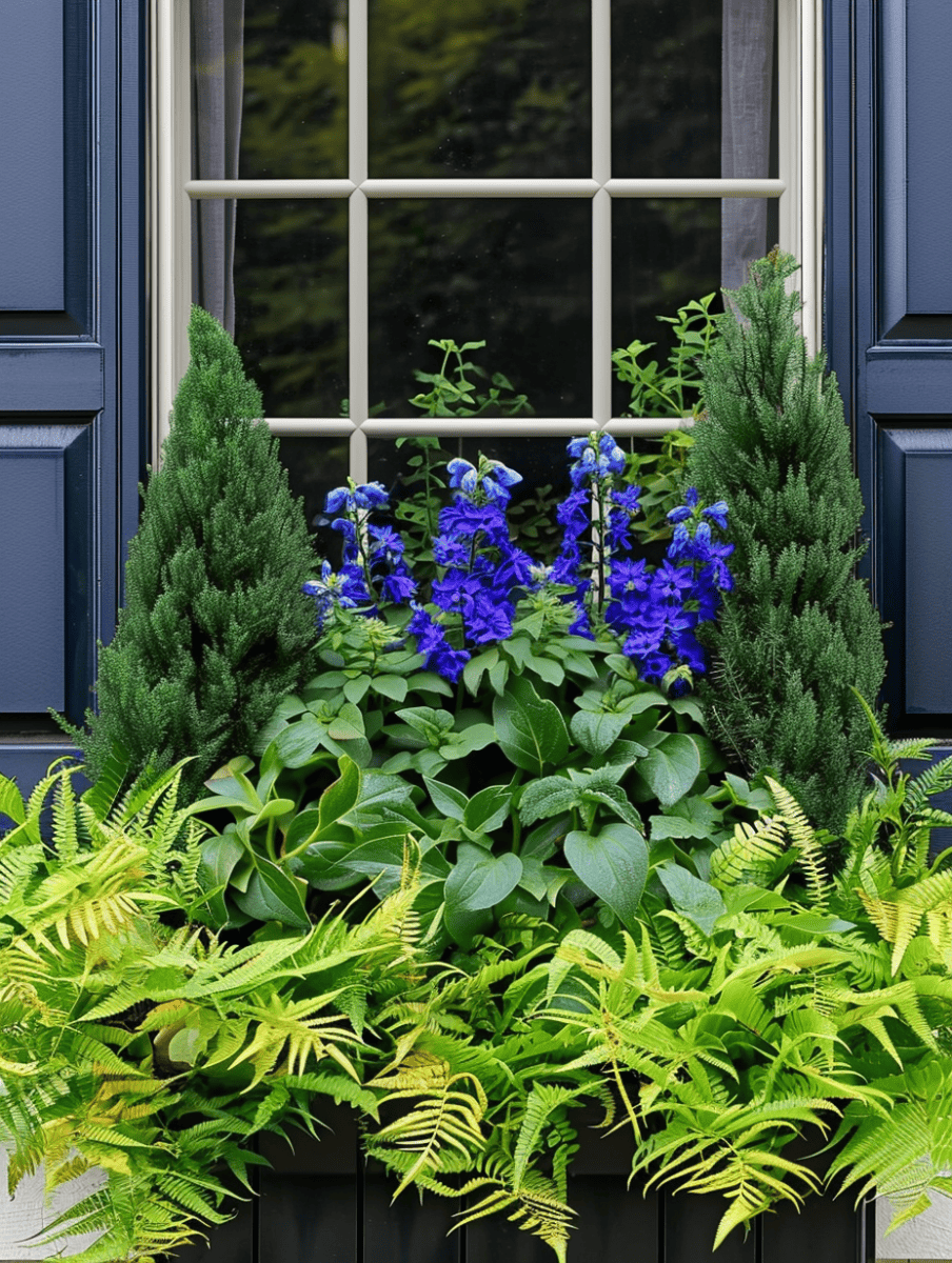 A symmetrical display features vibrant green ferns spilling over the edges of a black window box, flanked by conical evergreens, with a burst of blue flowers in the center, set against a window with a grid of panes reflecting lush foliage ar 3:4