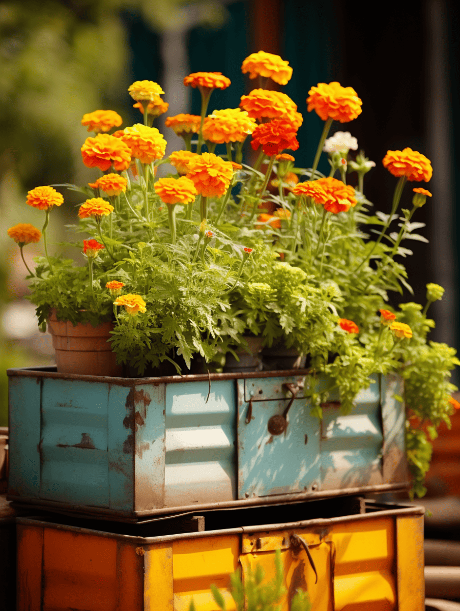 A terracotta pot overflowing with marigolds in shades of bright orange and yellow sits atop vintage, colorful metal drawers, bringing a touch of rustic charm to the setting ar 3:4