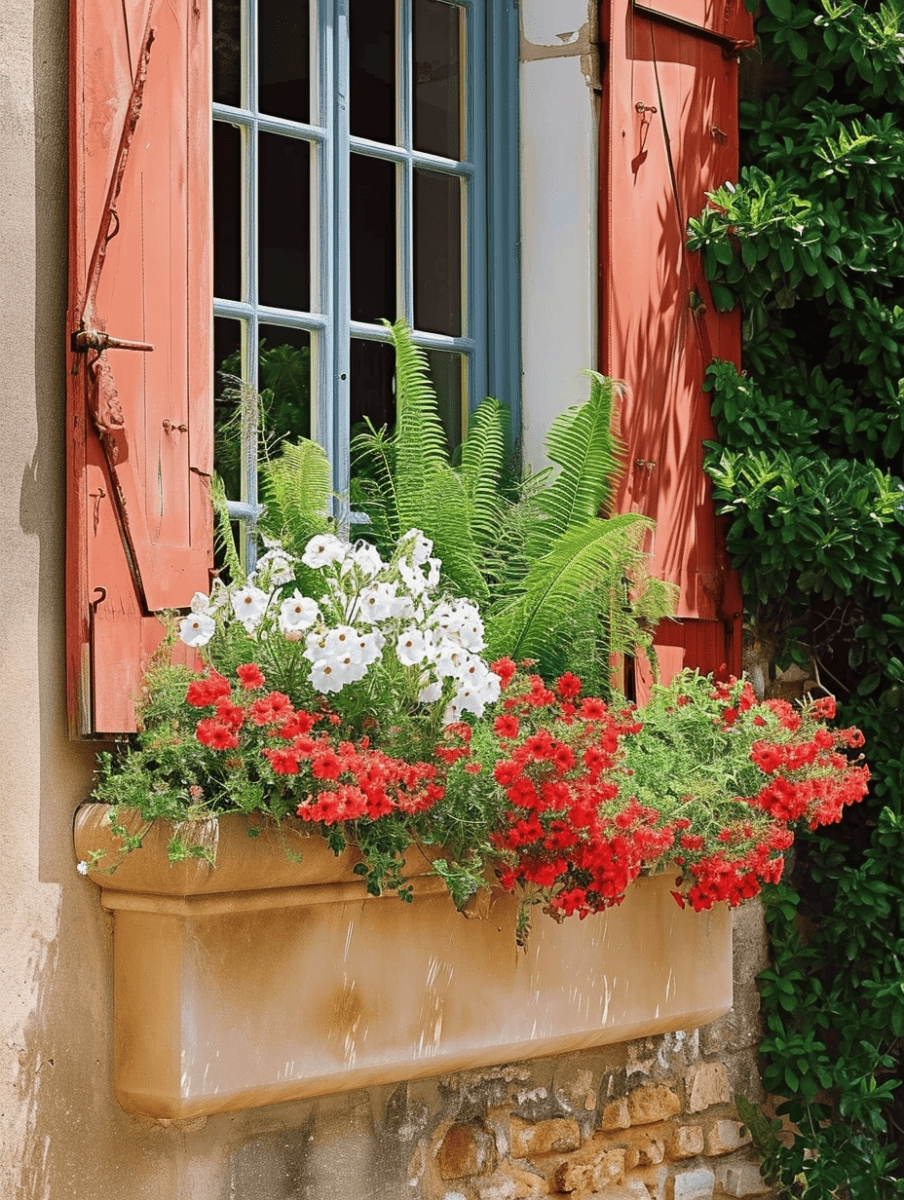 A terracotta window box filled with a vibrant mix of red geraniums and white petunias, accented by green ferns, sits below a window with open salmon-colored shutters, against a sunlit, weathered wall and beside lush greenery ar 3:4