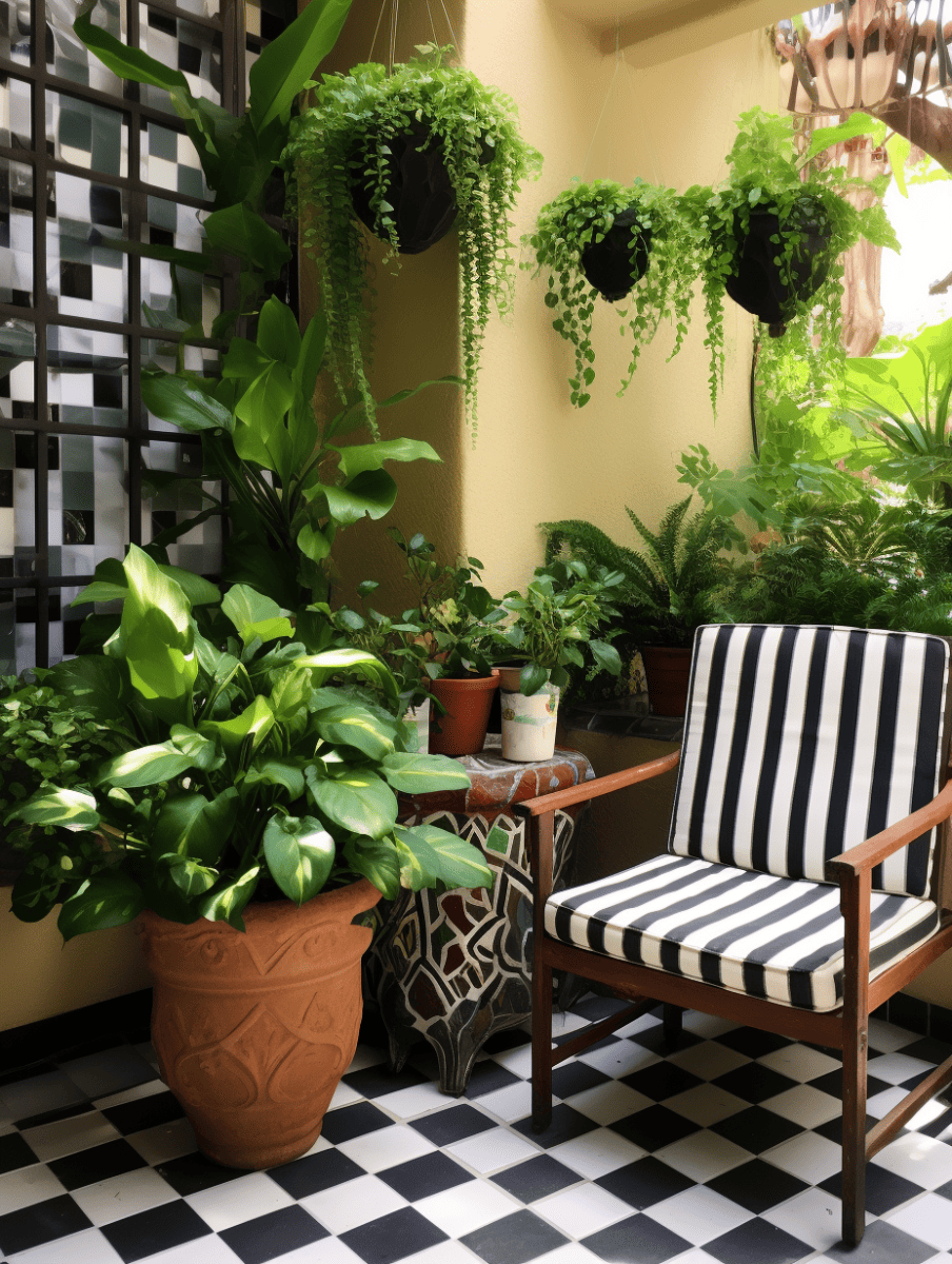 A tranquil garden nook presents a simple garden idea with an array of green plants in terracotta pots on a checkered black and white floor, enhanced by hanging foliage, a wooden chair with striped cushions, and a decorative stool, all against a cream wall with geometric latticework ar 3:4