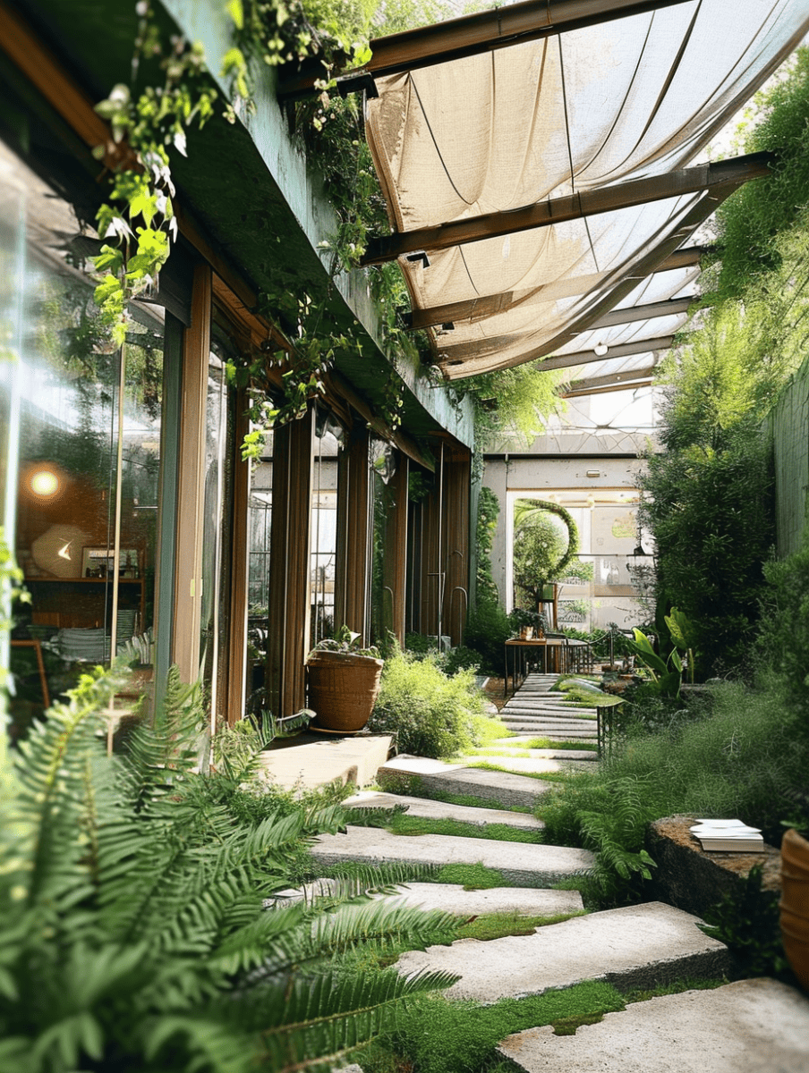 A tranquil garden pathway lined with moss, flanked by lush ferns and potted plants, leading towards an elegant seating area under a canopy that resembles a stretched tent ar 3:4