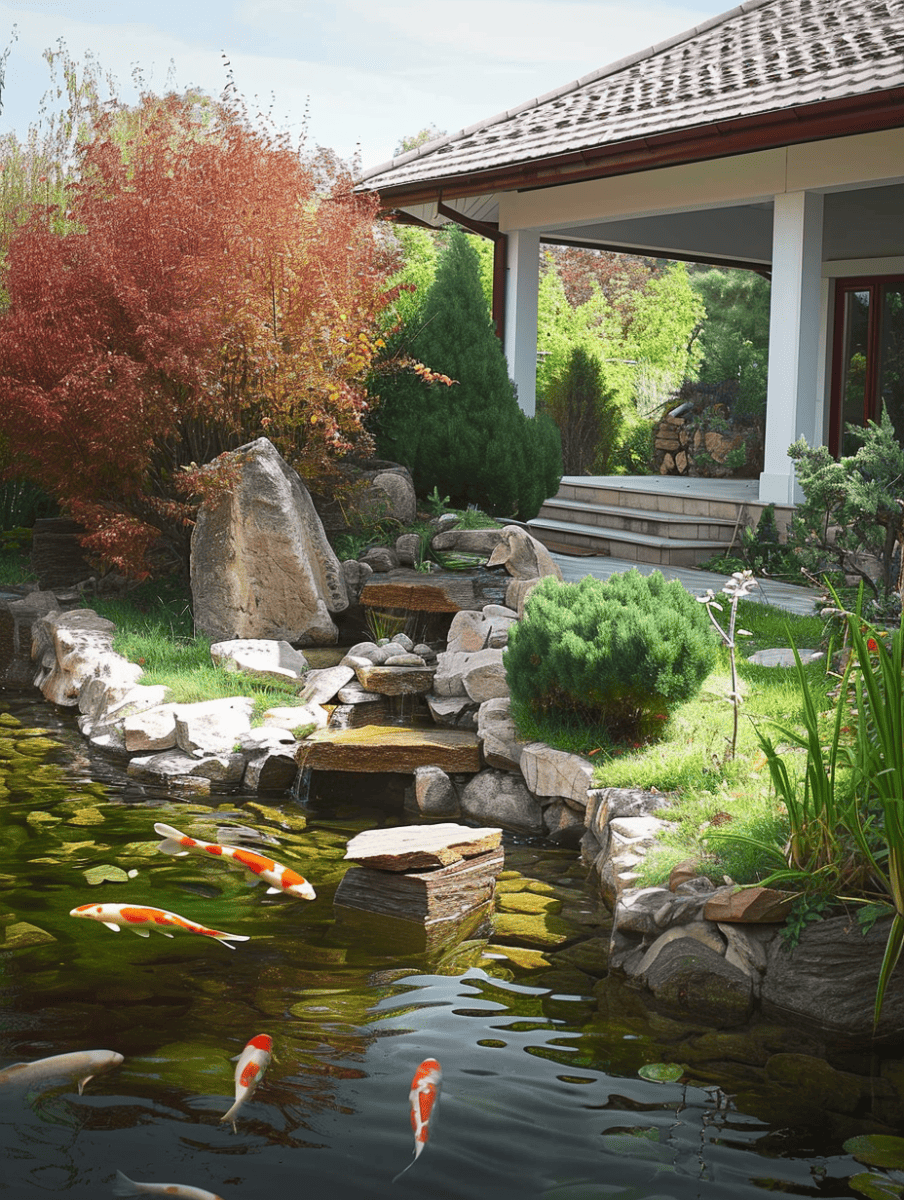 A tranquil garden pond with clear water, surrounded by natural stone edging and a variety of plants, with colorful koi fish swimming beneath and a modern home's overhanging roof in the background ar 3:4