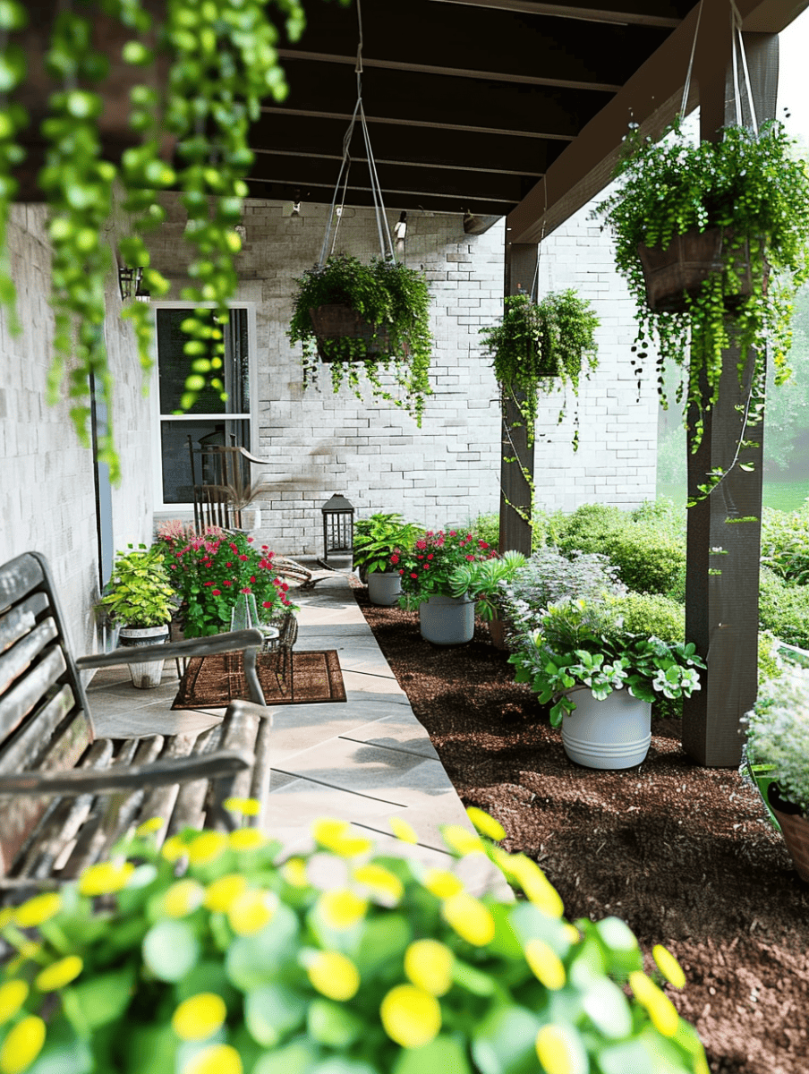 A verdant patio garden area with hanging greenery, potted flowering plants, and a rustic wooden bench, under a shaded pergola, creating a serene and inviting outdoor space ar 3:4