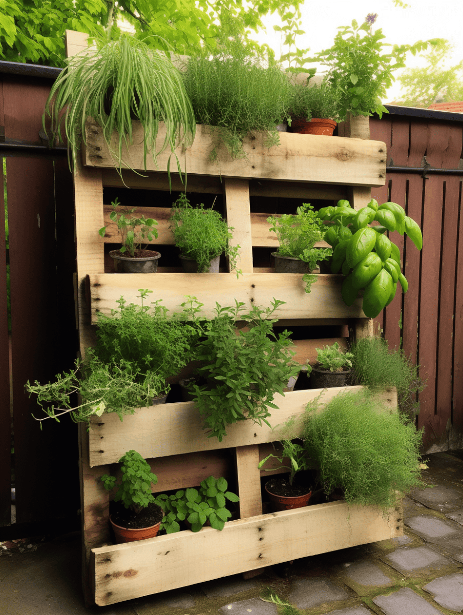 A vertical garden created from repurposed wooden pallets stands against a dark fence, featuring an assortment of lush herbs and plants in terracotta pots, arranged on the slats to utilize space efficiently, with a cobblestone ground beneath ar 3:4