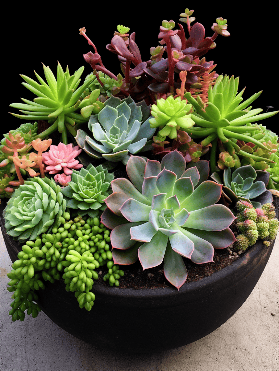 A vibrant arrangement of echeveria, sedum, and aeonium nestled in a large dark bowl planter ar 3:4