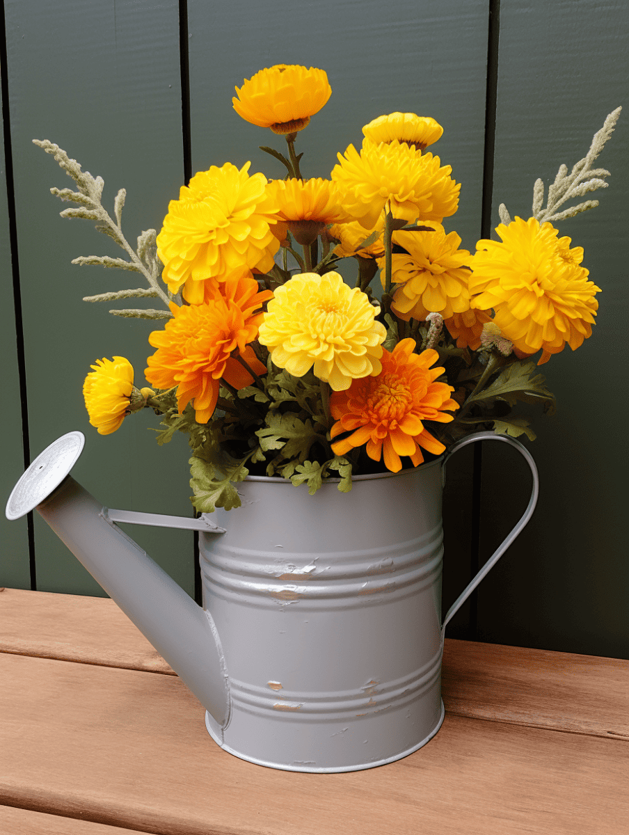 A vibrant arrangement of yellow marigolds in varying shades and sizes, with a few sprigs of silver dusty miller, is presented in a classic gray watering can, set against a wooden surface and a dark green background ar 3:4