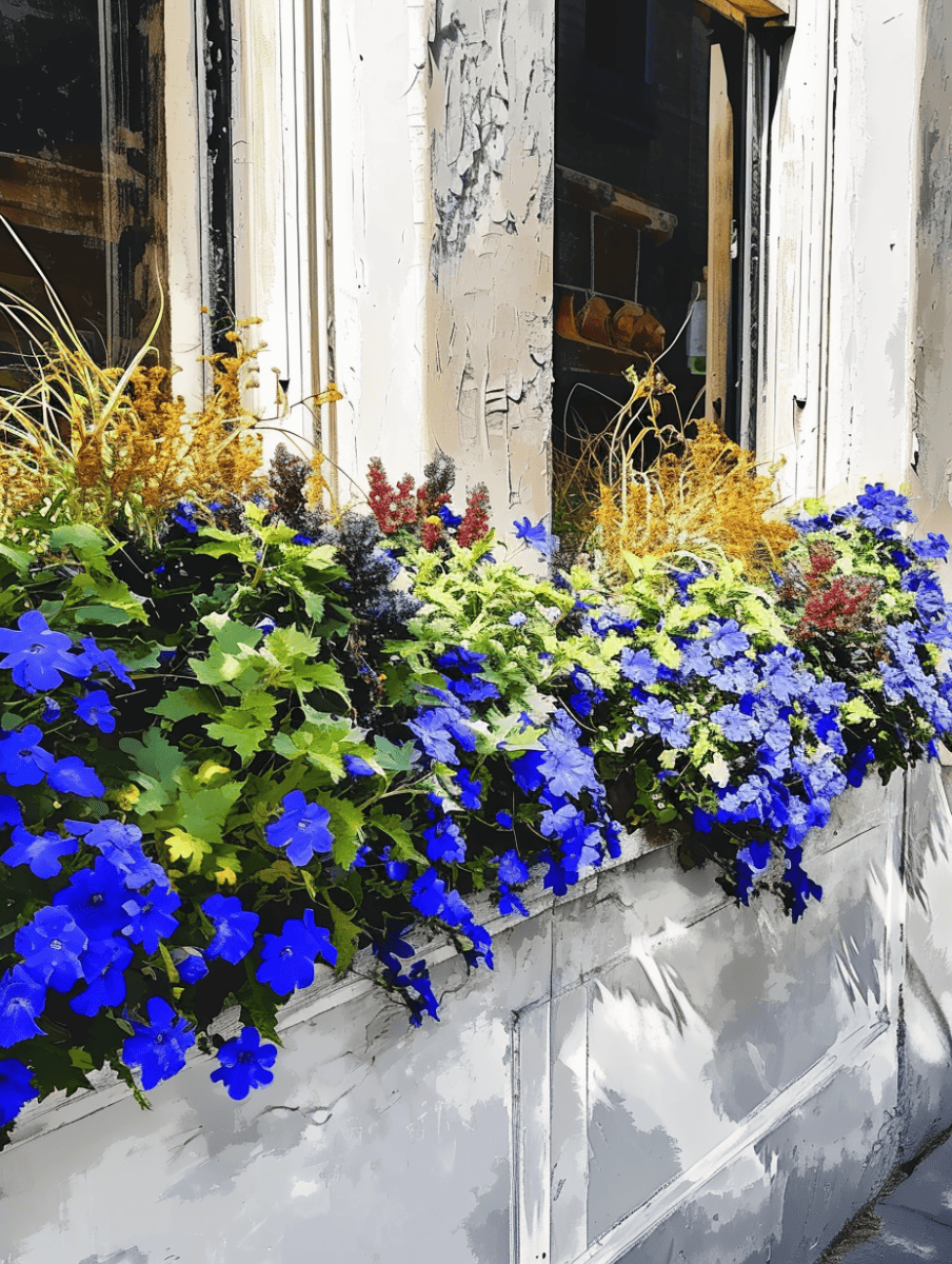 A vibrant array of blue and yellow flowers adorns a weathered white windowsill, with hints of red and green foliage, against a peeling paint backdrop that adds a rustic charm ar 3:4