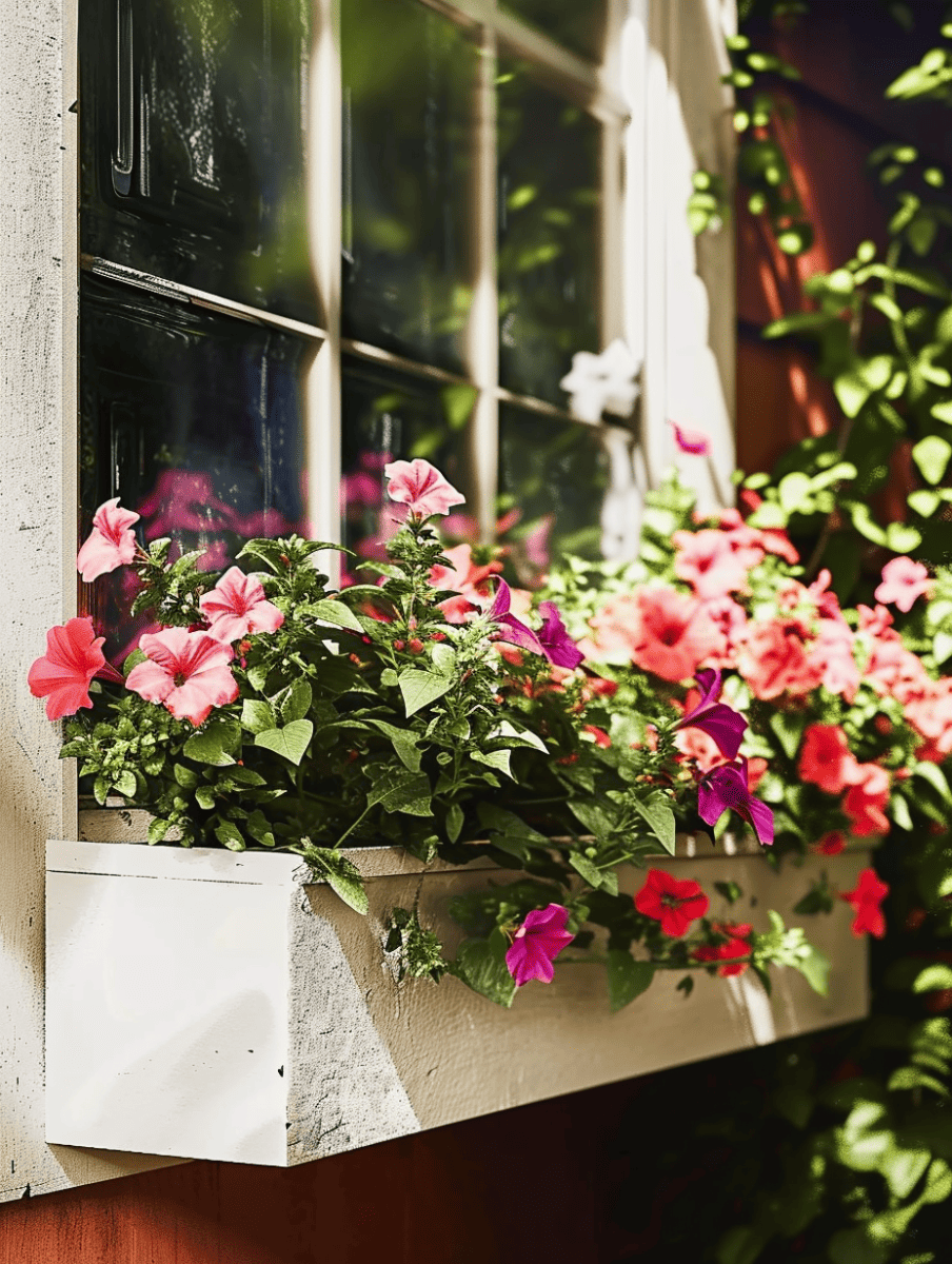 A vibrant array of pink and purple flowers in full bloom, nestled in lush green foliage, adorning a classic white window box against an old window with reflective glass panes, under the soft glow of sunlight ar 3:4