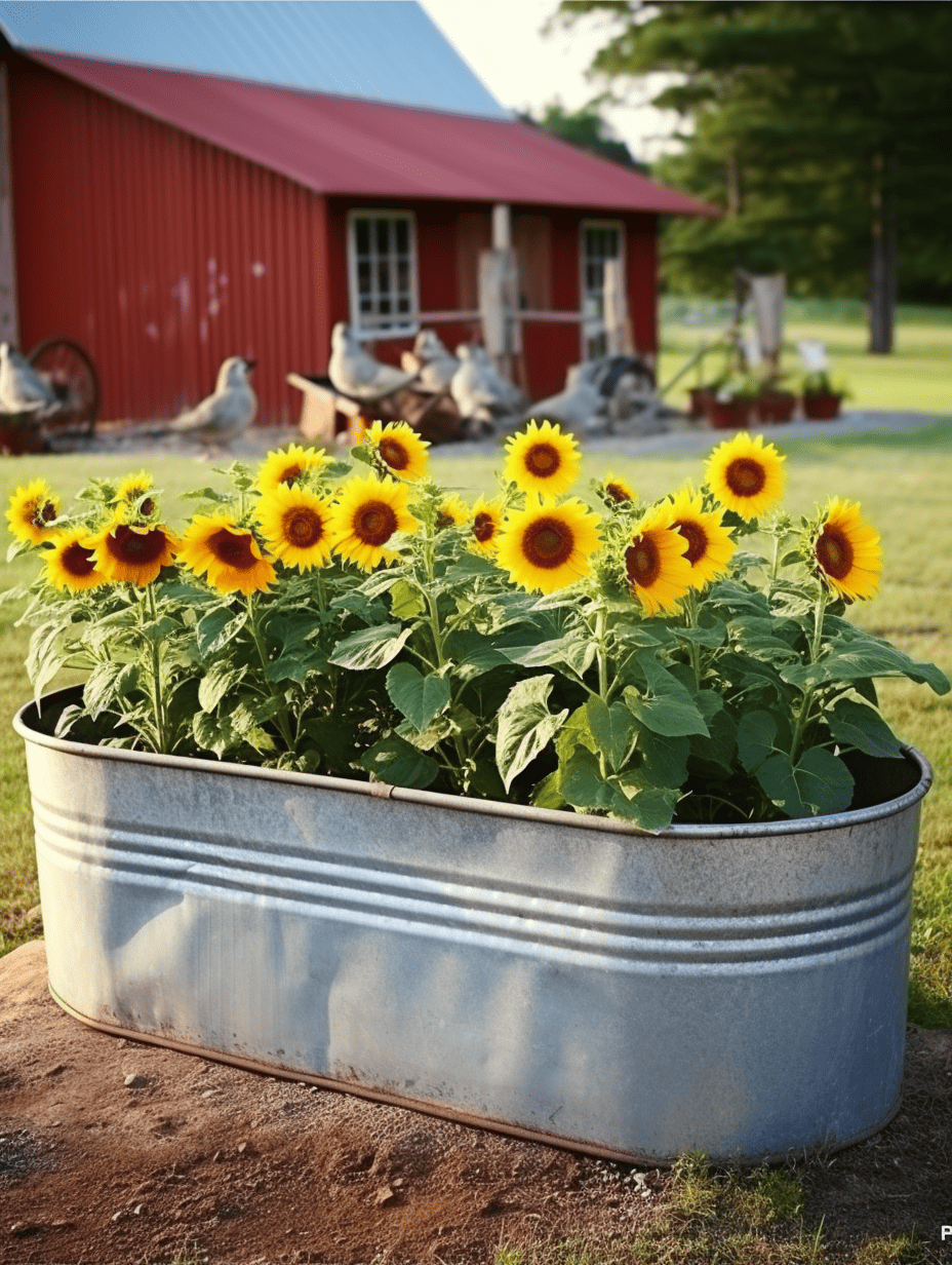 A vibrant cluster of sunflowers blooms in a large metal trough in the foreground, with a rustic red barn and a gathering of ducks in the blurred background, capturing a serene farmyard scene ar 3:4