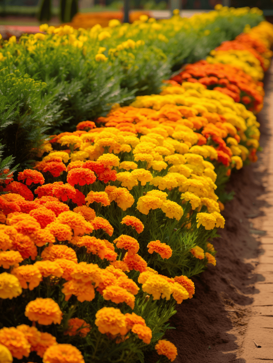 A vibrant display of marigolds in shades of yellow and orange, arranged in a neat, descending row along a dirt path, under soft sunlight ar 3:4