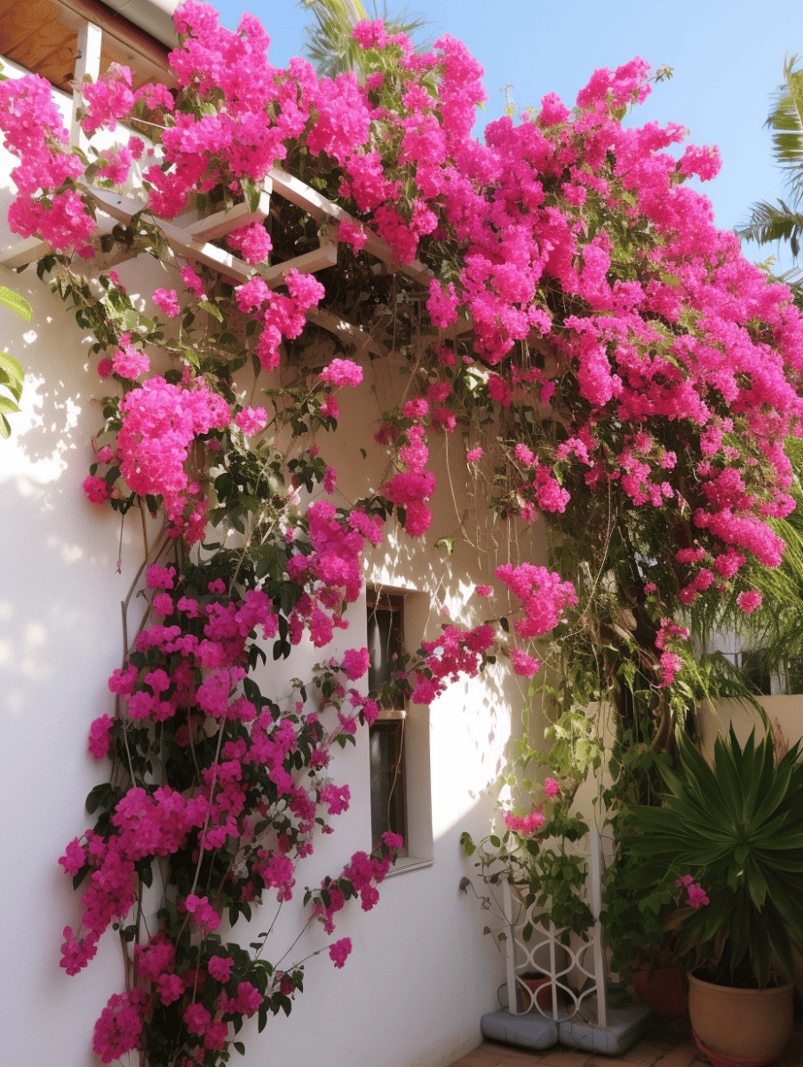 A vibrant display of pink bougainvillea flowers blankets a white pergola, creating a simple yet stunning garden accent against a white Mediterranean-style home, complete with green foliage in terracotta pots ar 3:4