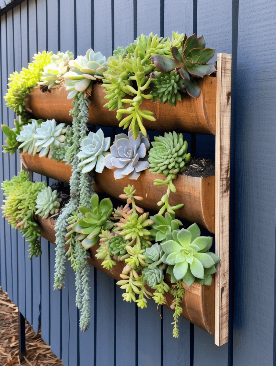 A vibrant display of succulents in a tiered wooden wall planter, showcasing a variety of shapes and shades of green, mounted on a slate gray vertical siding ar 3:4