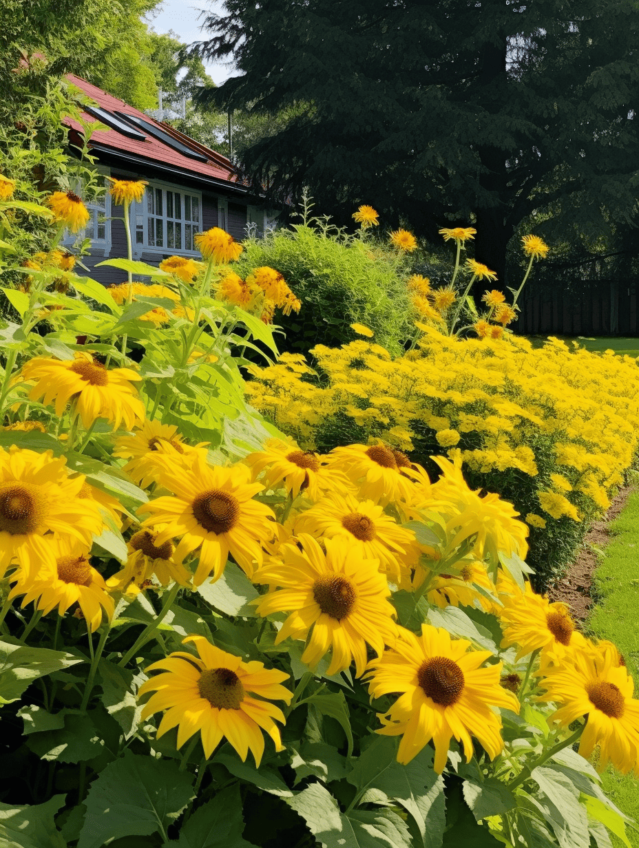 A vibrant display of sunflowers with large, bright yellow petals and dark centers dominate the foreground, backed by a lush carpet of yellow flowers, all set against a quaint house with a red roof, partially obscured by the greenery ar 3:4