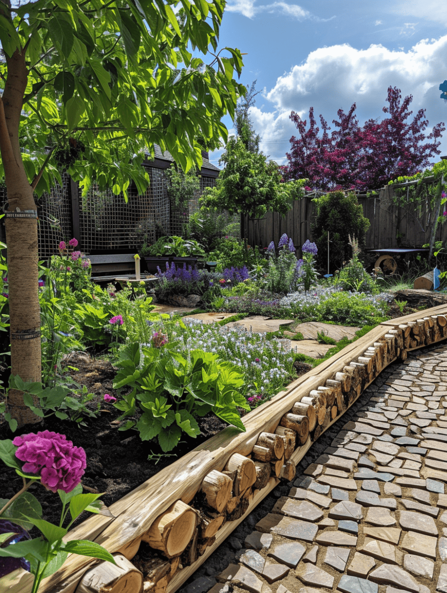 A vibrant garden pathway edged with natural log borders, leading through an array of blooming flowers and lush plants, with a cobblestone path enhancing the rustic charm of the scene ar 3:4