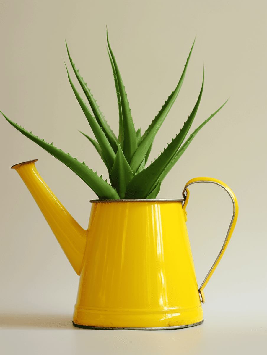 A vibrant green aloe plant is potted in a glossy yellow watering can against a neutral background ar 3:4