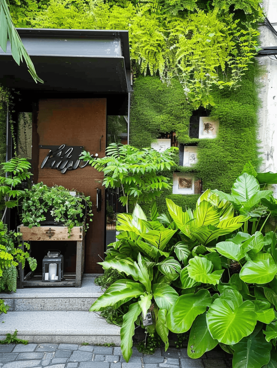 A vibrant green moss wall complementing an assortment of potted plants and large, leafy flora leading up to the entrance, suggesting an eco-friendly approach to exterior decor ar 3:4