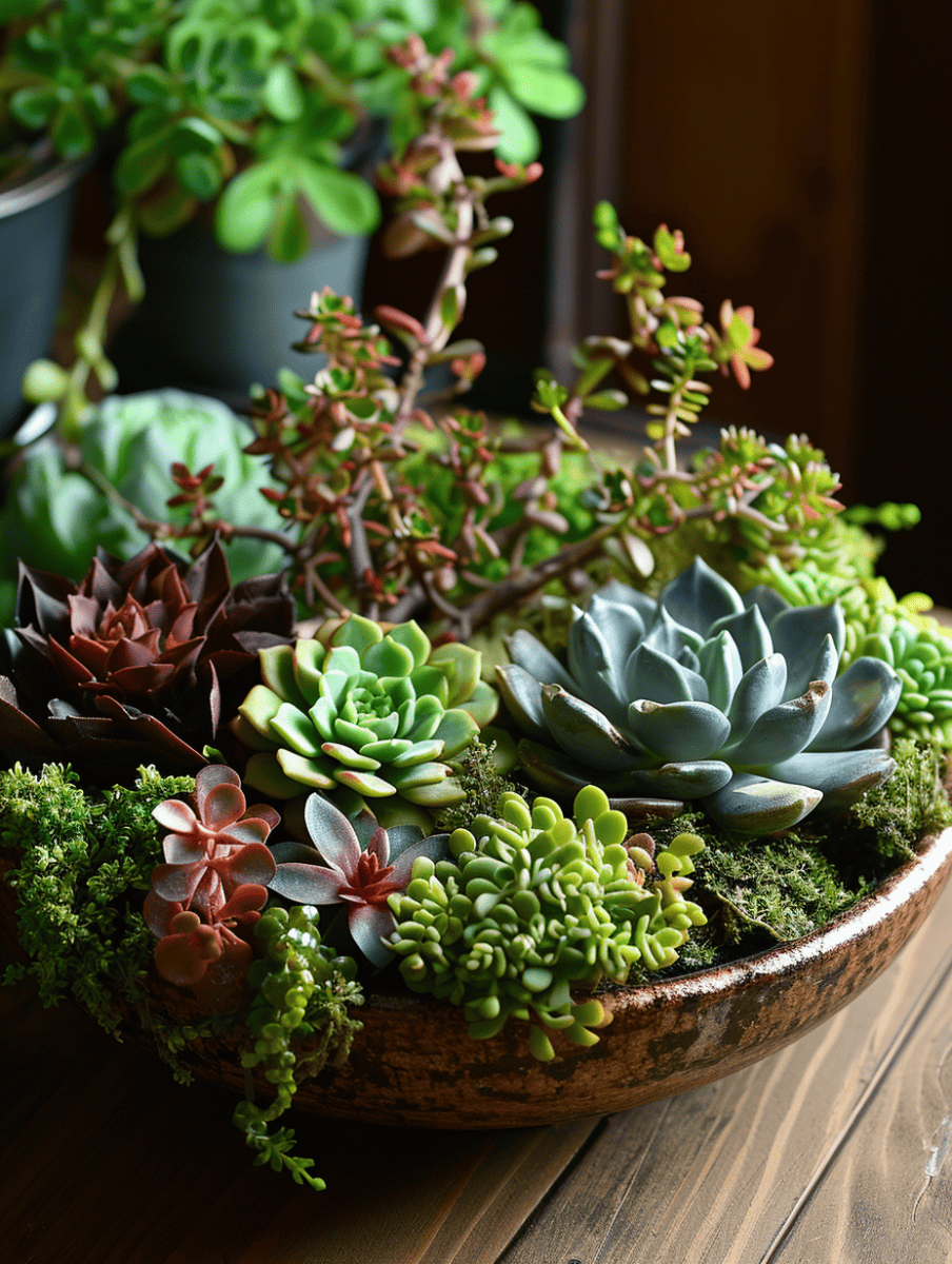 A vibrant mosaic of succulents, featuring a variety of textures and colors ranging from deep purples to bright greens, is thoughtfully arranged in a shallow, round wooden container, creating a lush tabletop display ar 3:4