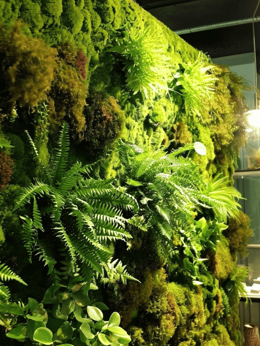 A vibrant vertical moss garden grows lushly on a wall inside a conservatory, interspersed with ferns and other greenery, bathed in the warm glow of overhead lighting ar 3:4