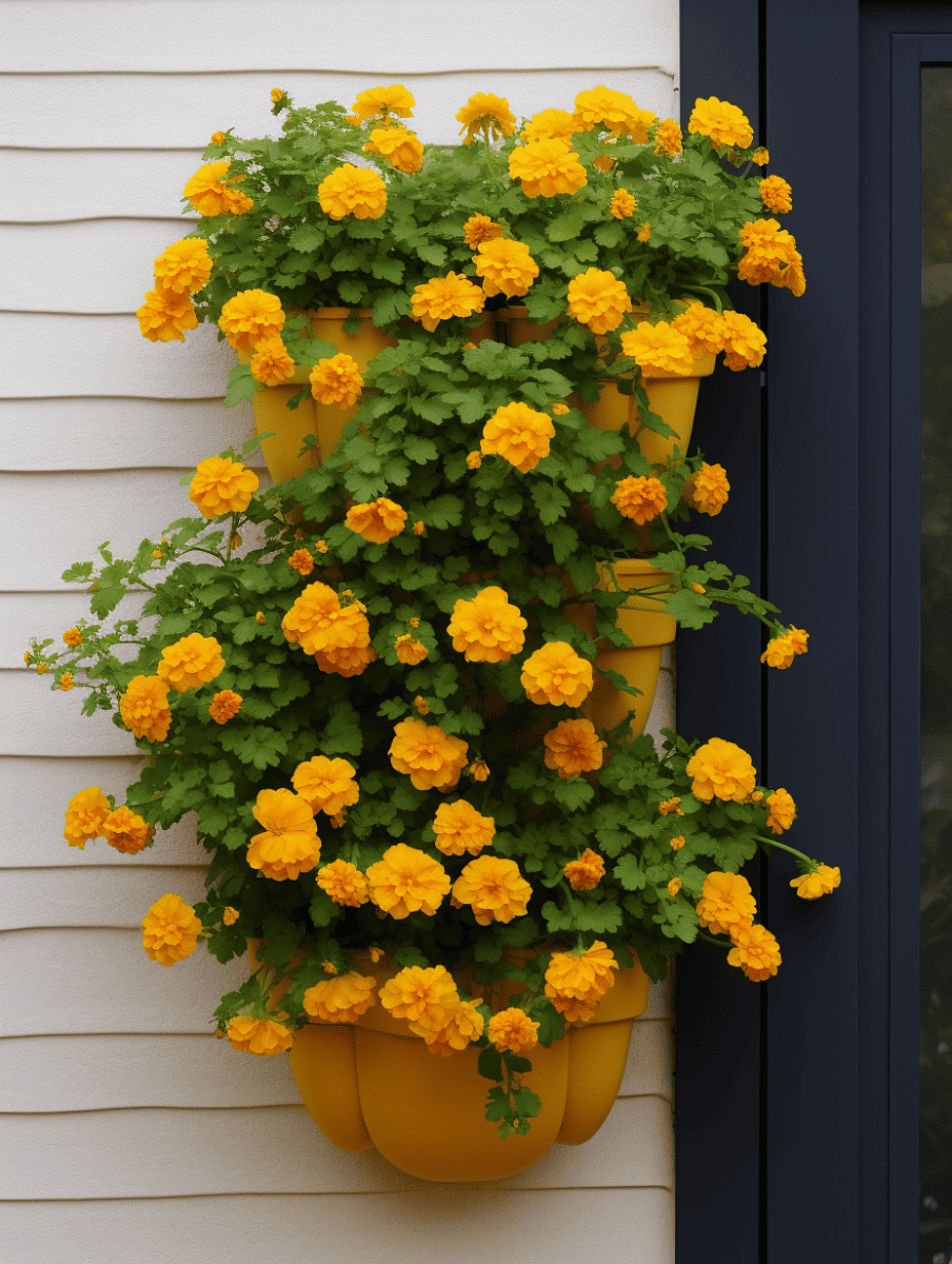 A vibrant yellow wall-mounted planter brimming with lush marigolds in a bright golden hue, set against a neutral siding exterior, near a dark-framed window ar 3:4