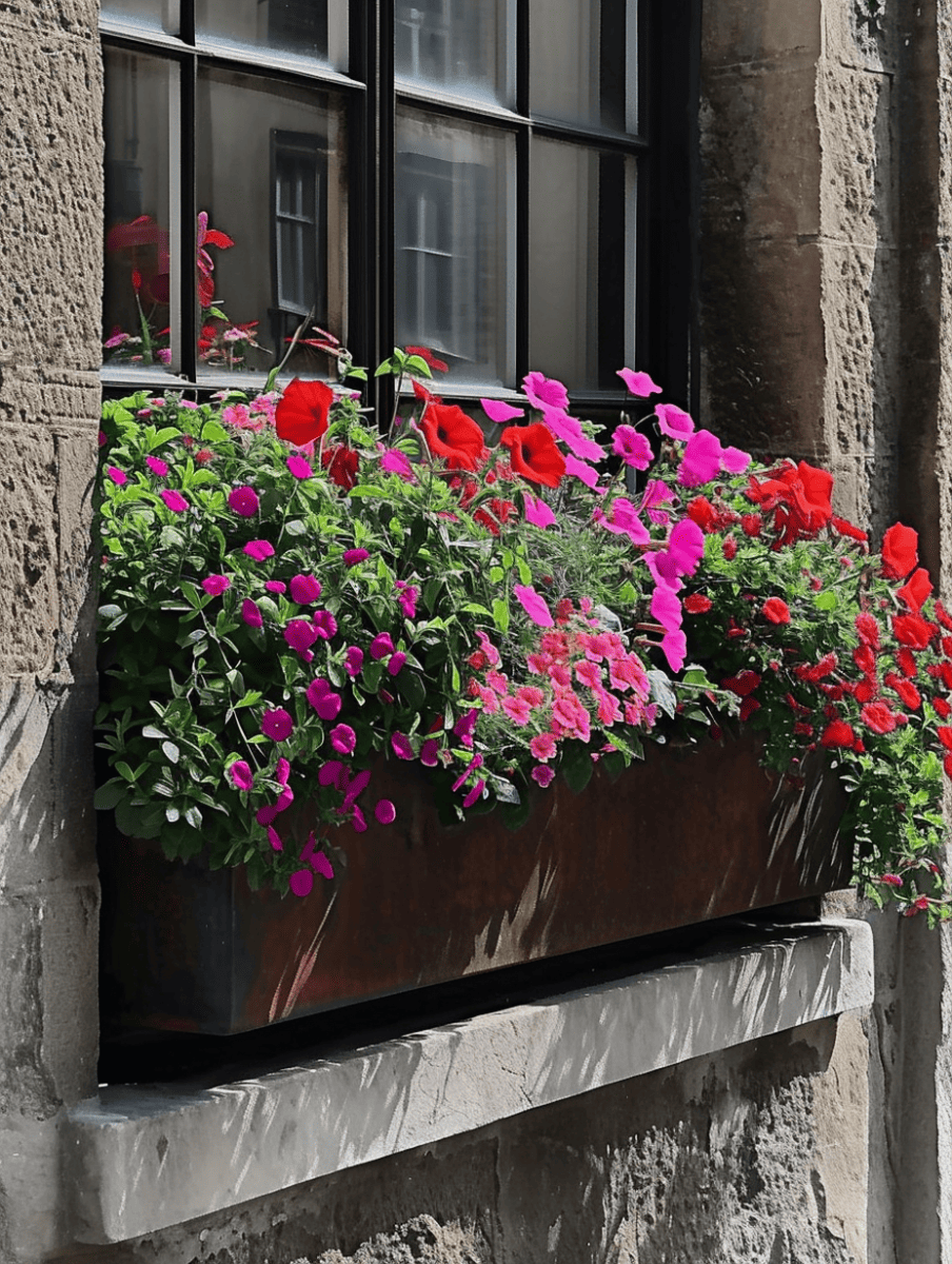 A weathered stone ledge supports a long, dark metal planter filled with a vibrant mix of flowers, with hot pink petunias and bold red geraniums creating a striking splash of color against the muted tones of the building's windows and masonry ar 3:4