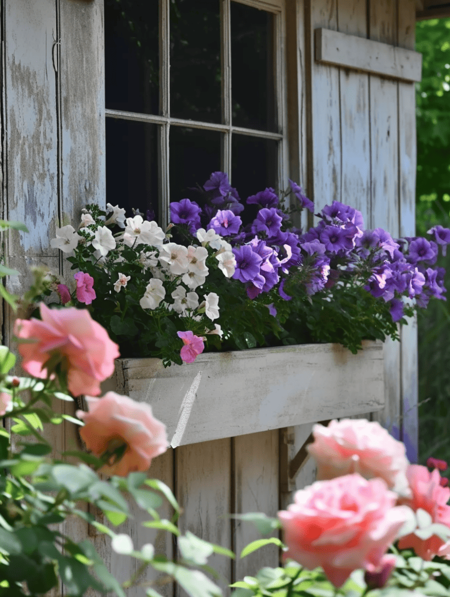 A weathered wooden window box on a rustic white wall overflows with a lush assortment of petunias in shades of purple and white, complemented by the soft blur of pink roses in the foreground ar 3:4