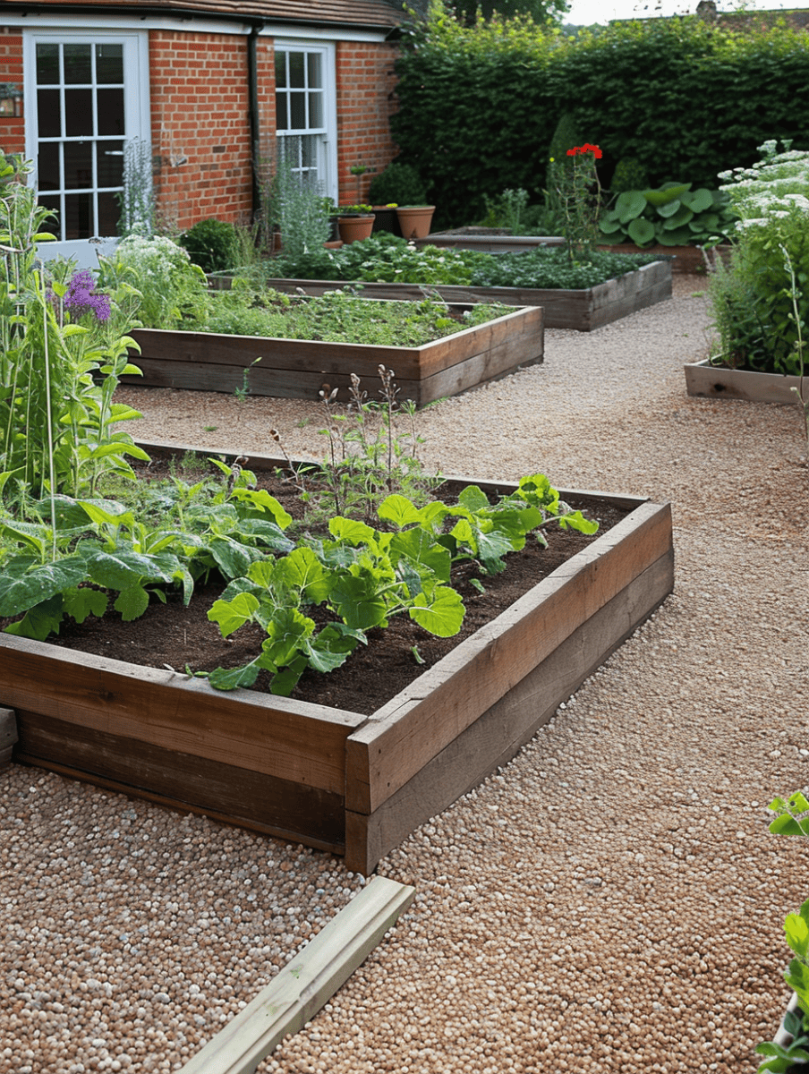 A well-kept garden featuring raised beds made from wooden sleepers, filled with lush greenery and vegetable plants, bordered by a pea gravel path leading to a red brick house with white windows ar 3:4