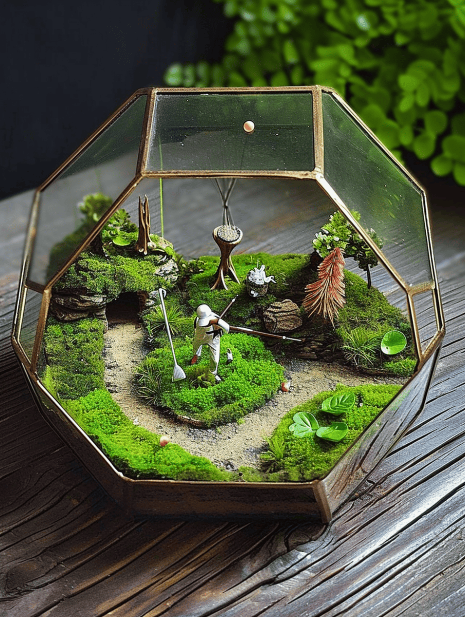 A whimsical miniature golf course meticulously crafted within a geometric glass terrarium, complete with vibrant green moss, tiny golfing figures, and playful course features ar 3:4