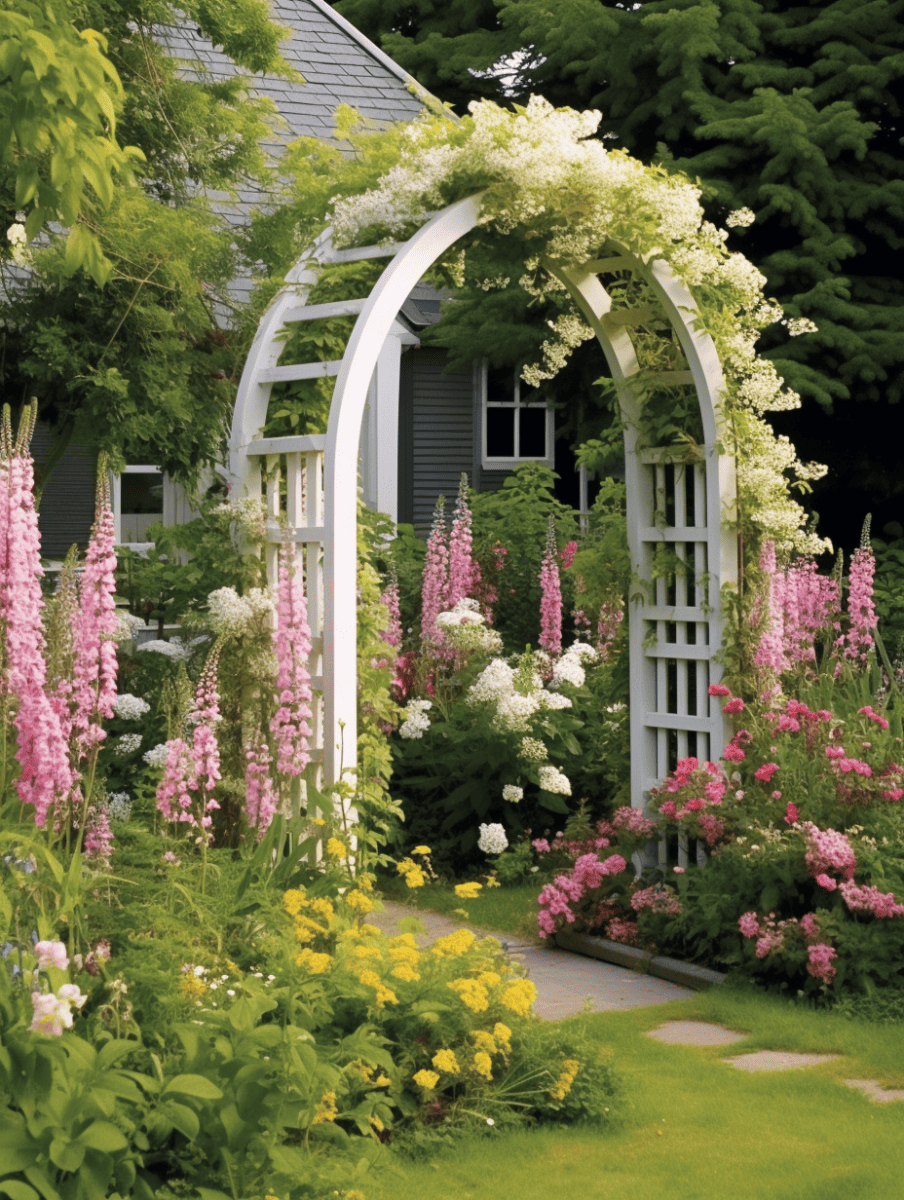A white garden arch, adorned with climbing white flowers, stands as a charming entrance to a vibrant garden path flanked by lush pink, purple, and white blossoms and green foliage, with a quaint grey house partially visible in the background ar 3:4